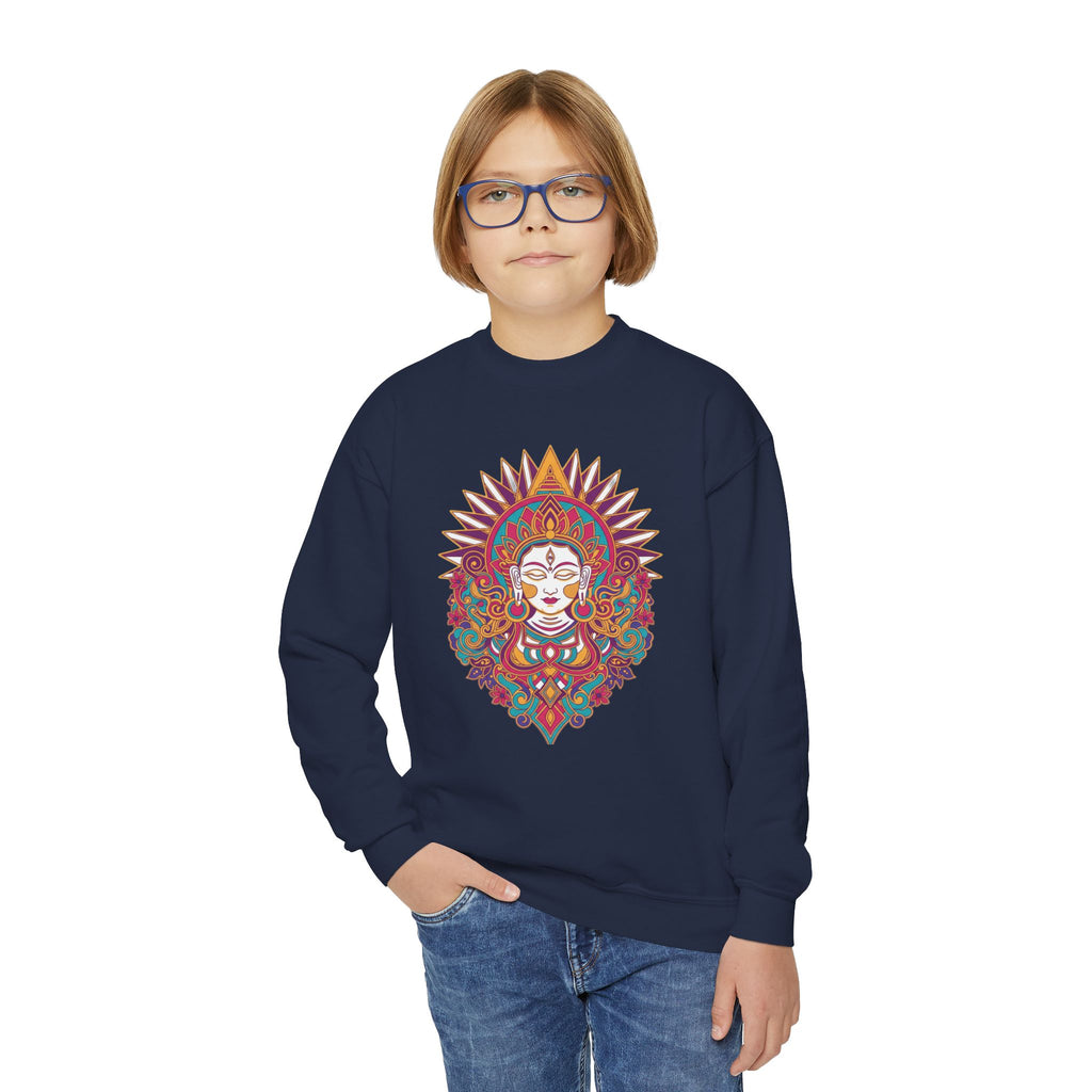 Youth Crewneck Sweatshirt — Colorful Boho Sun Goddess Graphic