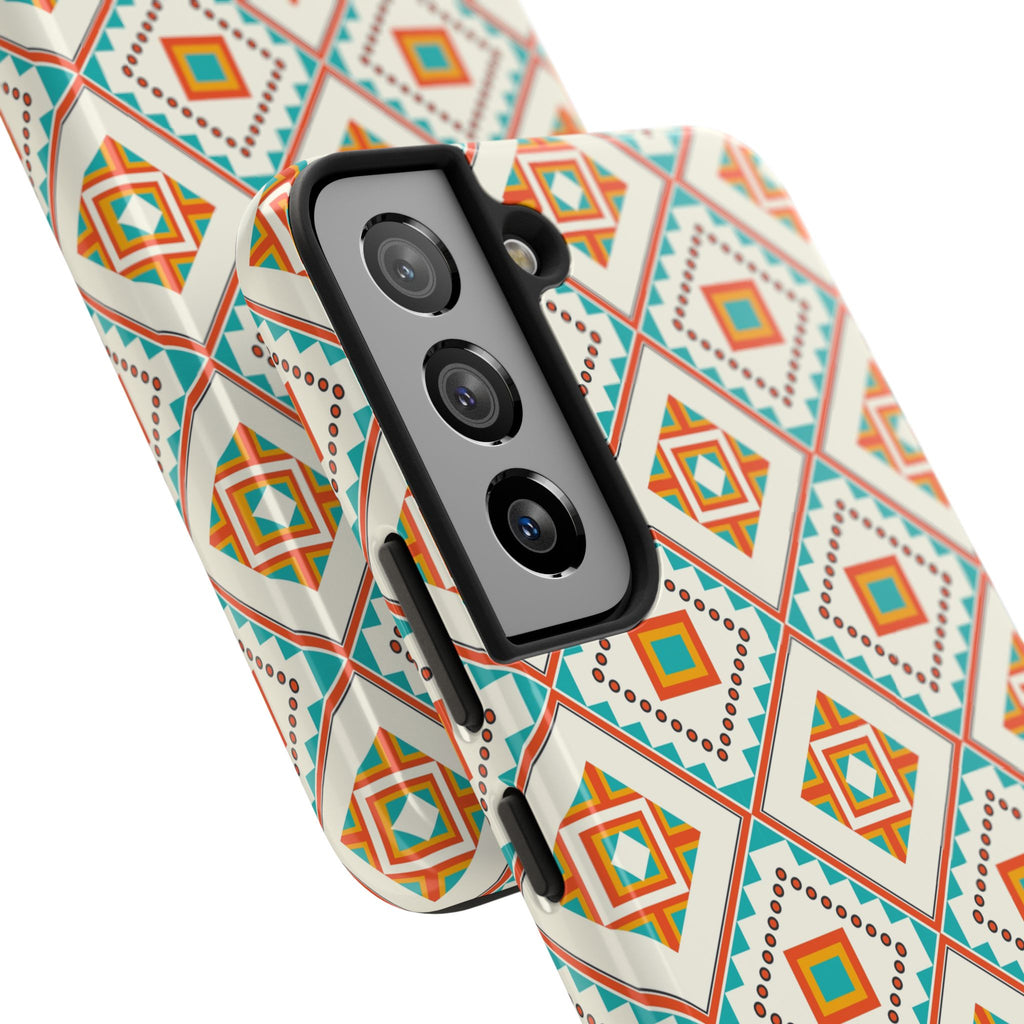 Tough Phone Case — Geometric Retro Tile Pattern, Orange & Teal Protective Cover