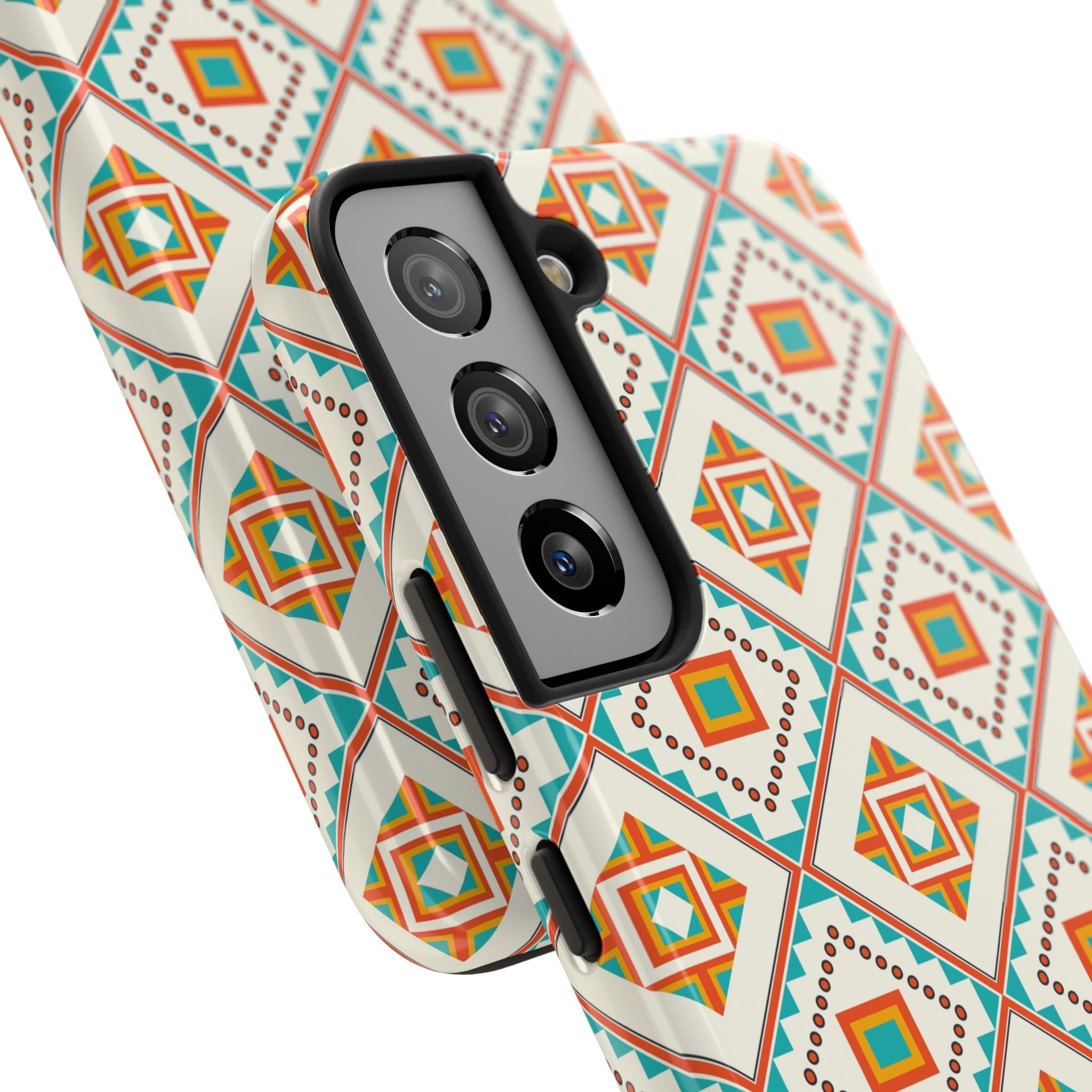 Tough Phone Case — Geometric Retro Tile Pattern, Orange & Teal Protective Cover