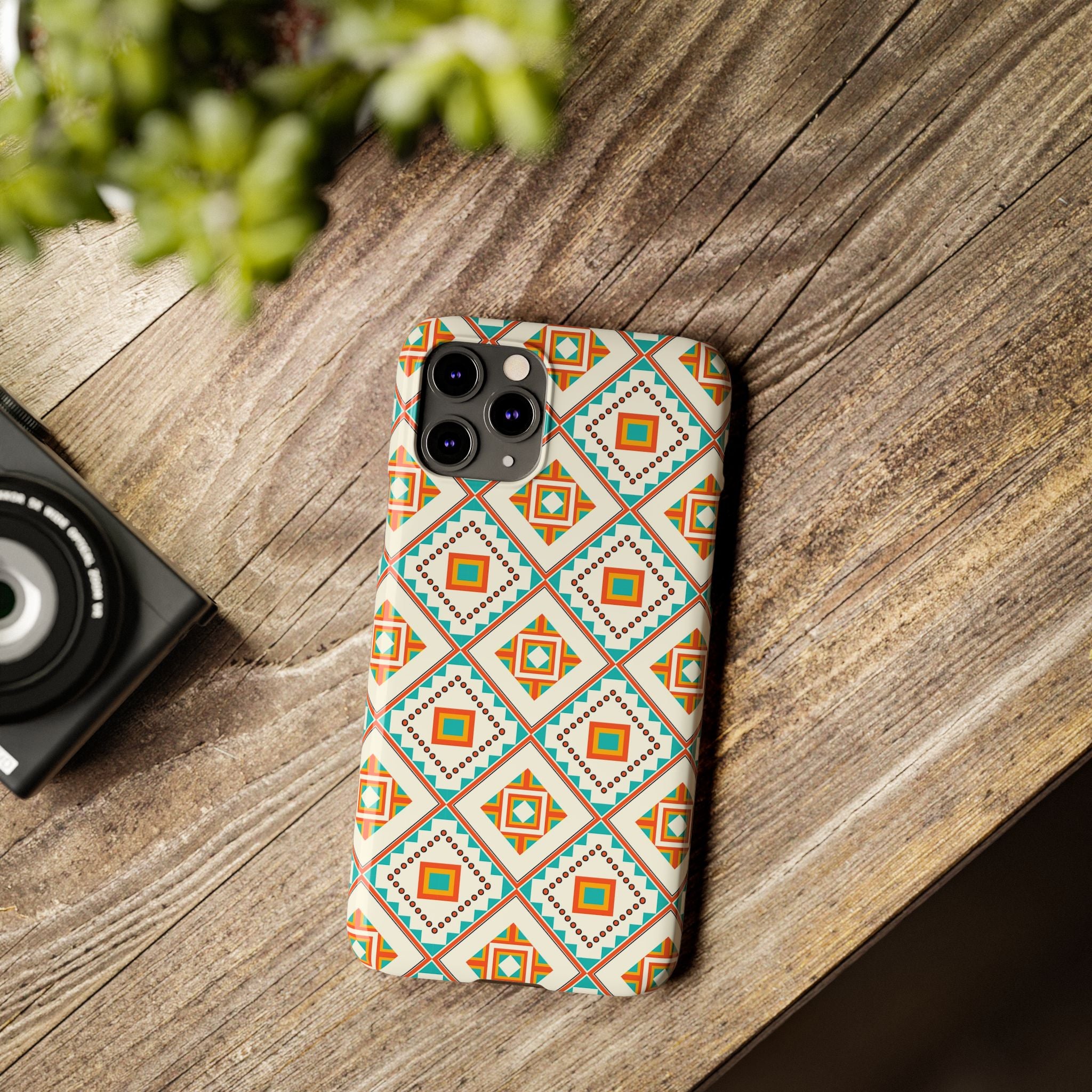 Slim Phone Case — Retro Geometric Tile Pattern (Turquoise & Orange)