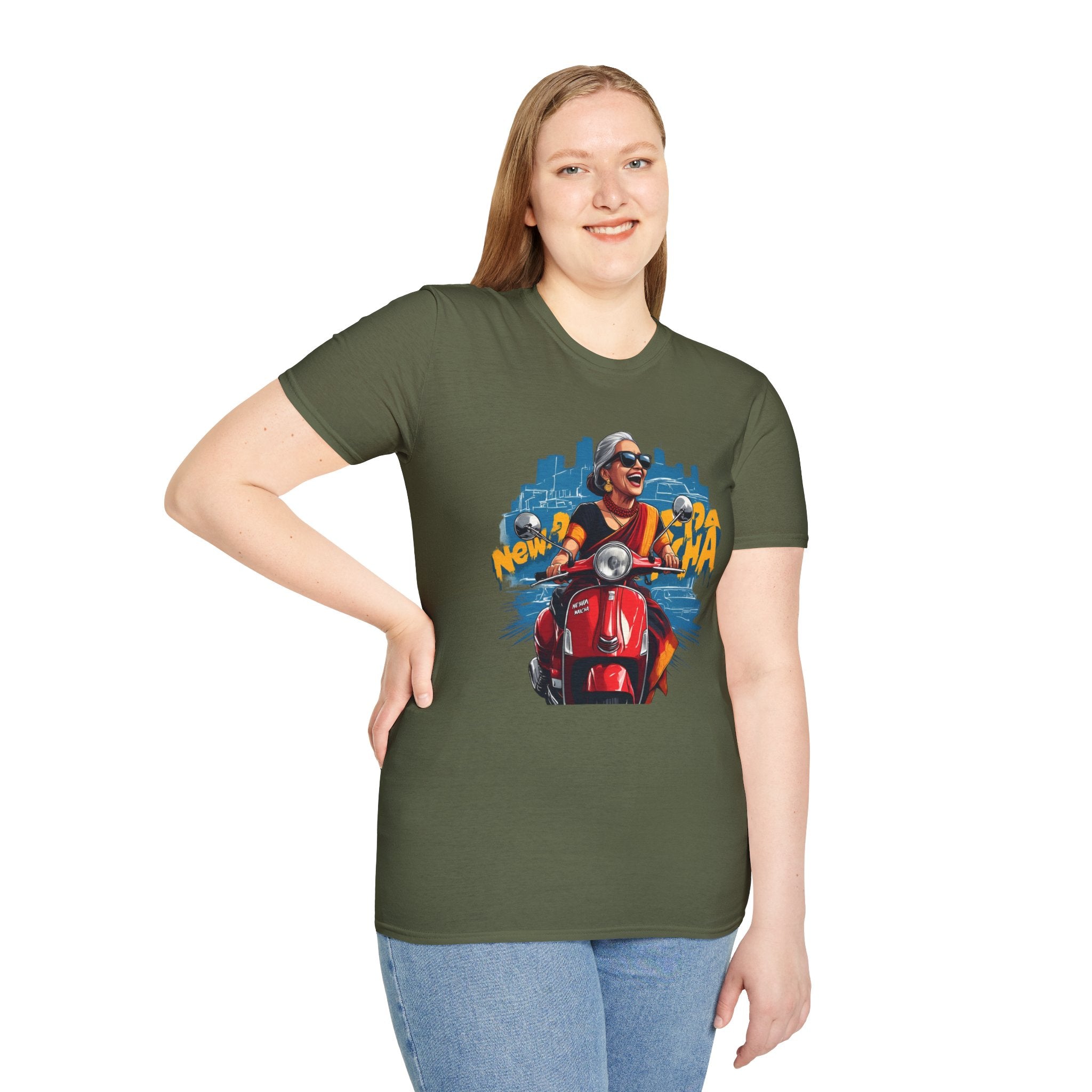 Newa Maicha Riding Scooter T-Shirt – Newari Woman in New York Graphic Tee, Cultural & Urban Design