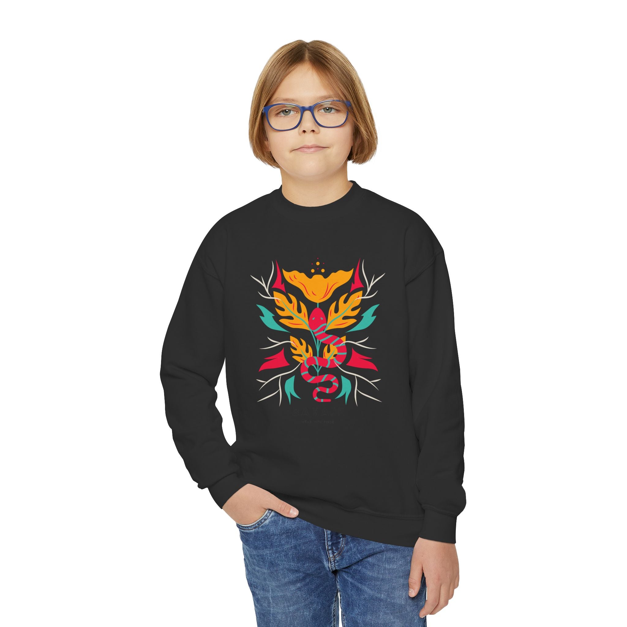 Youth Crewneck Sweatshirt — Vibrant Floral Snake Graphic “SAHAJE”