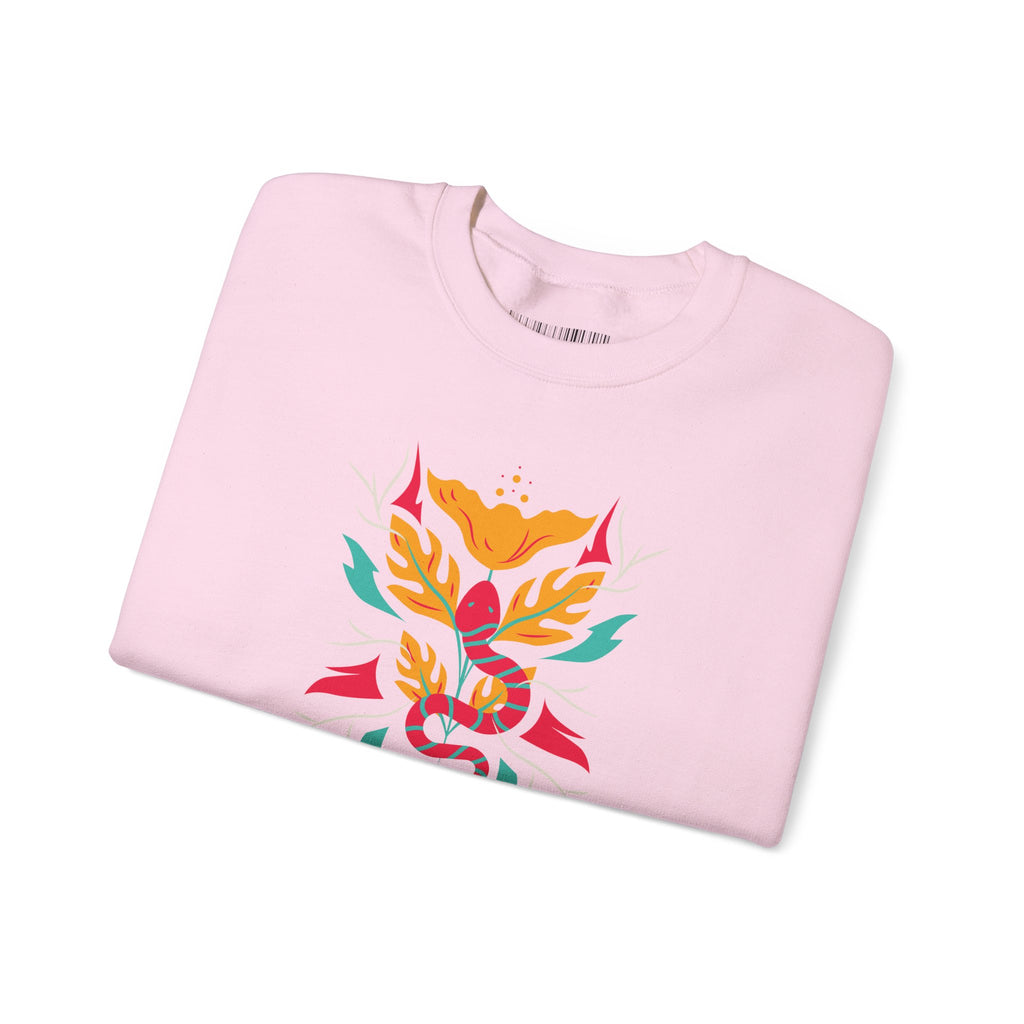 Sahajé Floral Snake Crewneck Sweatshirt — Colorful Botanical Serpent Graphic