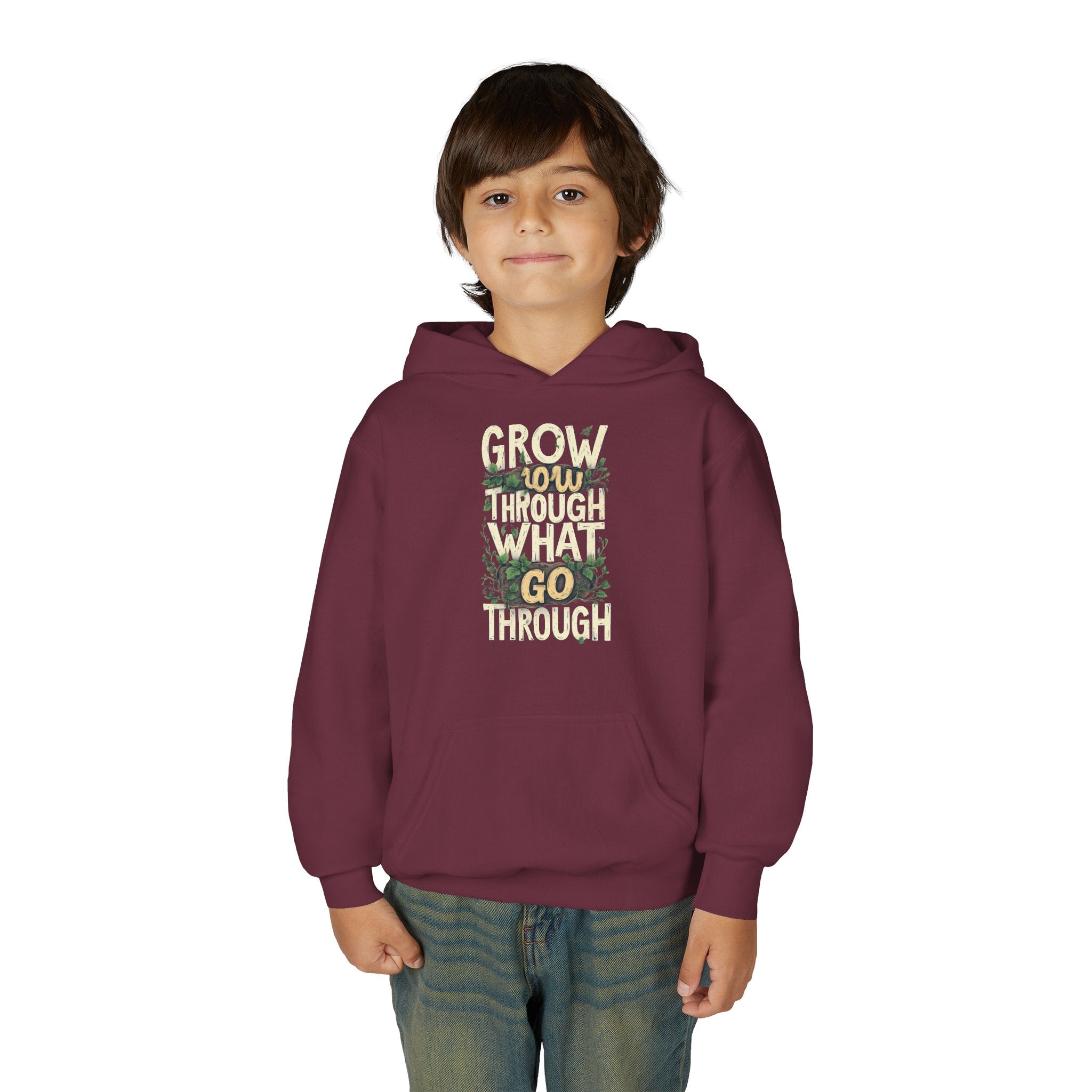 Youth Hoodie — 'Grow Slow, Go Through' Floral Motivational Hooded Sweatshirt