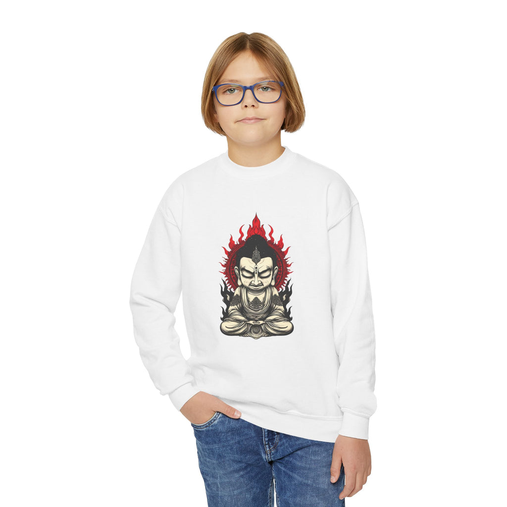 Flaming Meditating Buddha Youth Crewneck Sweatshirt — Zen Graphic Sweater for Kids