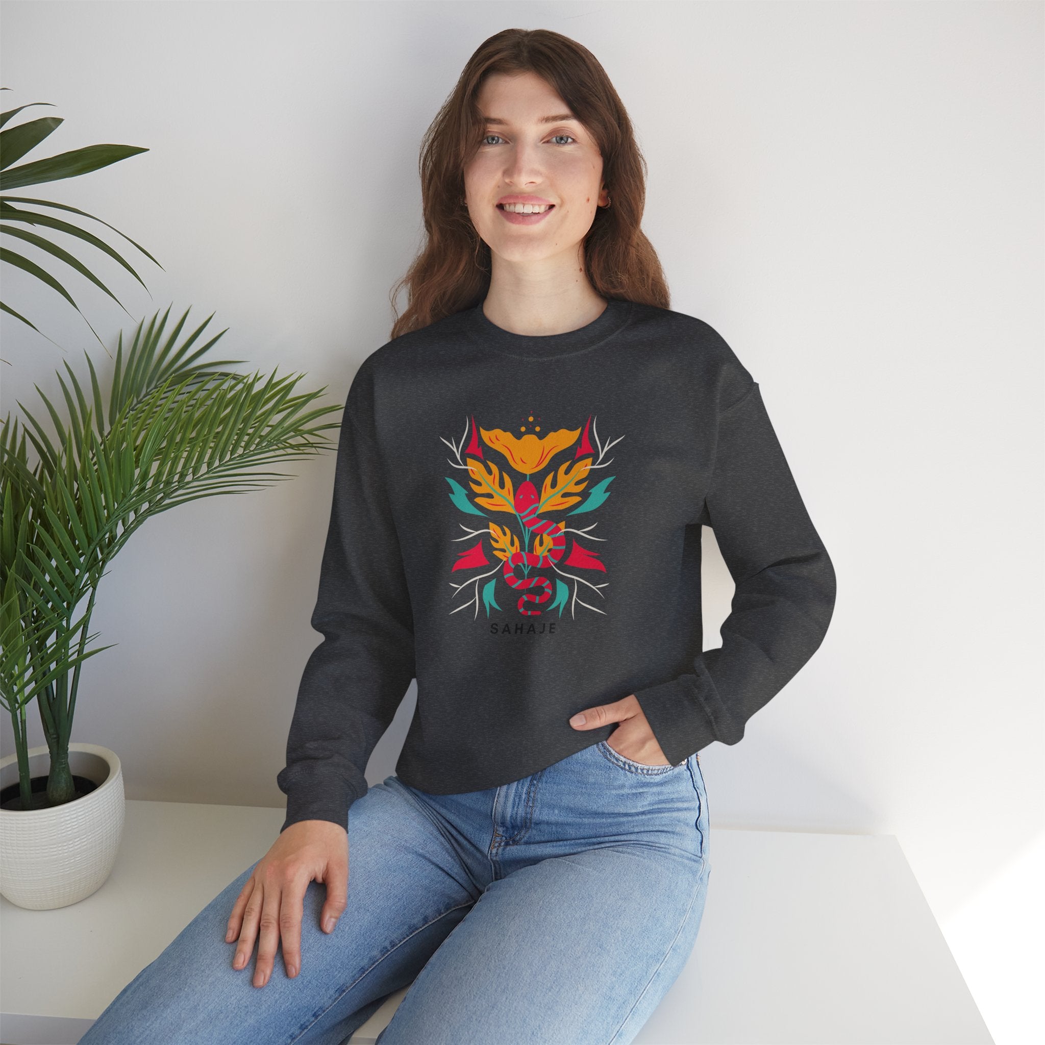 Sahajé Floral Snake Crewneck Sweatshirt — Colorful Botanical Serpent Graphic