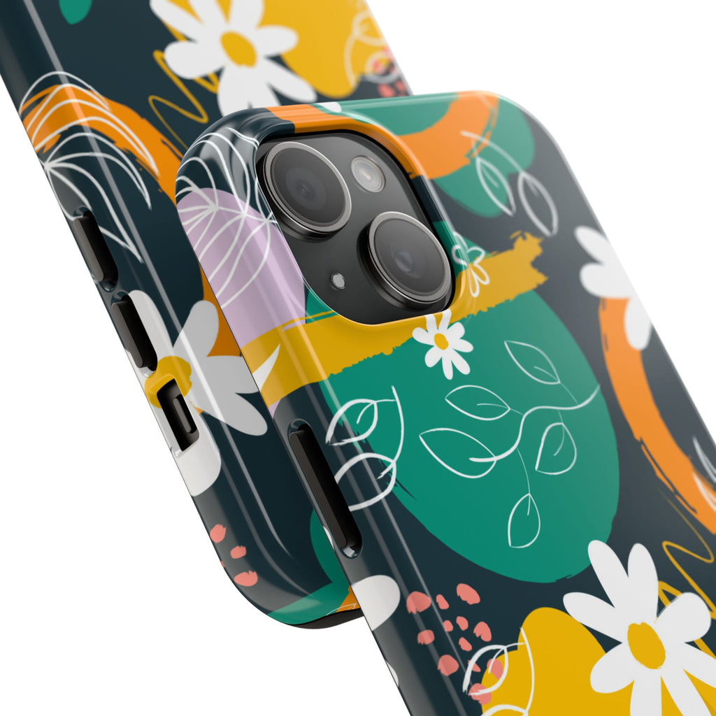 Floral Abstract Tough Phone Case — Colorful Daisies & Brushstroke Design