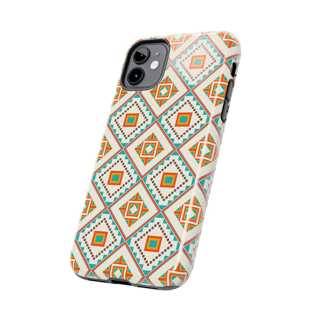 Tough Phone Case — Geometric Retro Tile Pattern, Orange & Teal Protective Cover