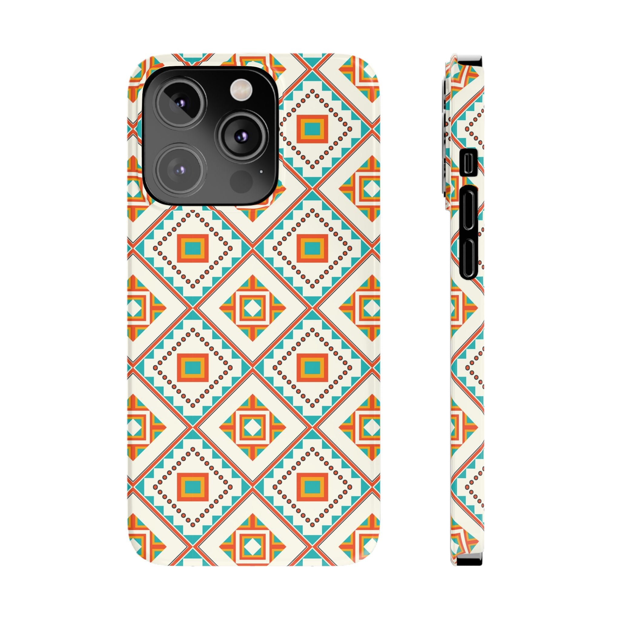 Slim Phone Case — Retro Geometric Tile Pattern (Turquoise & Orange)