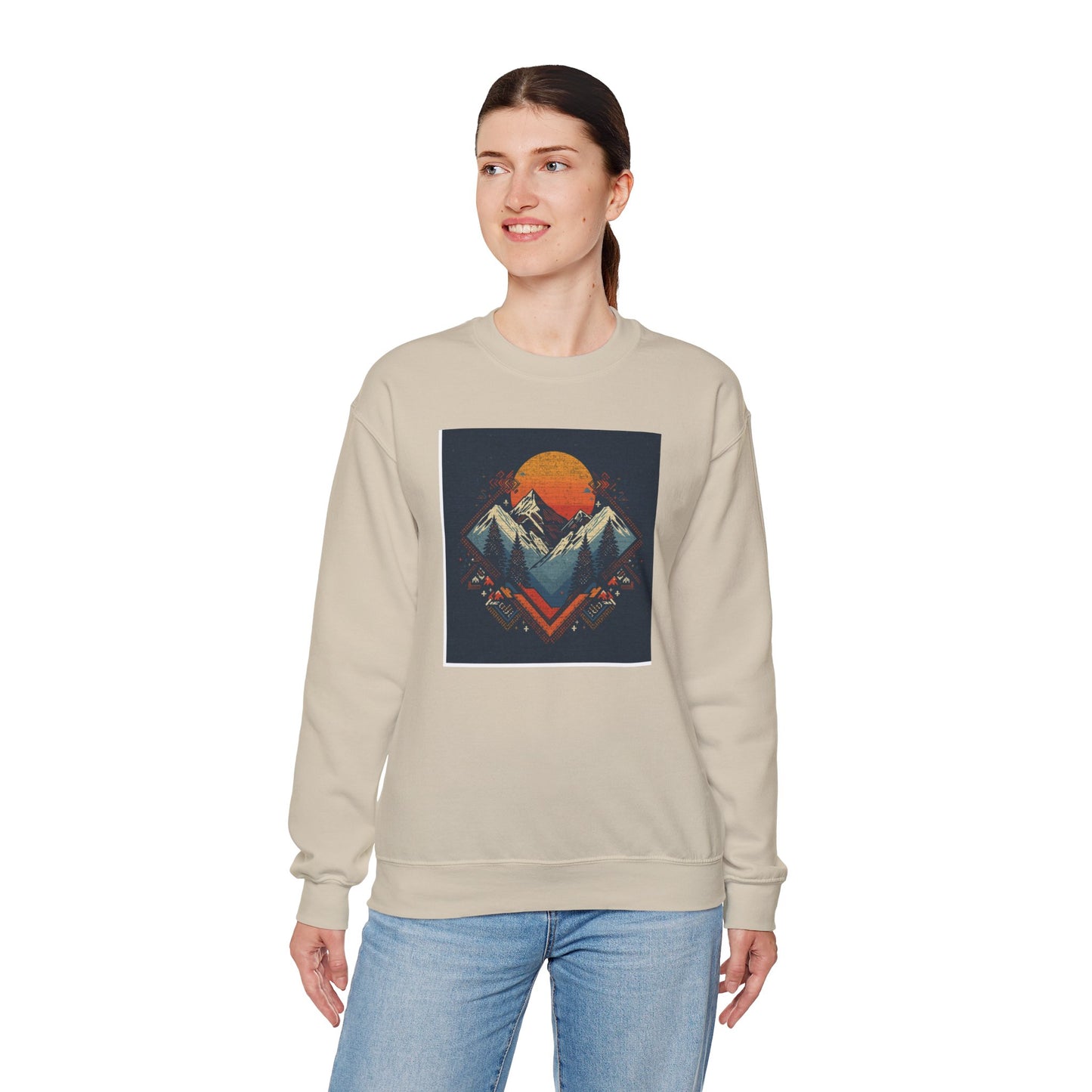 Mountain Sunset Crewneck Sweatshirt — Retro Geometric Peaks Graphic