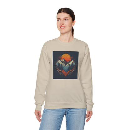 Mountain Sunset Crewneck Sweatshirt — Retro Geometric Peaks Graphic