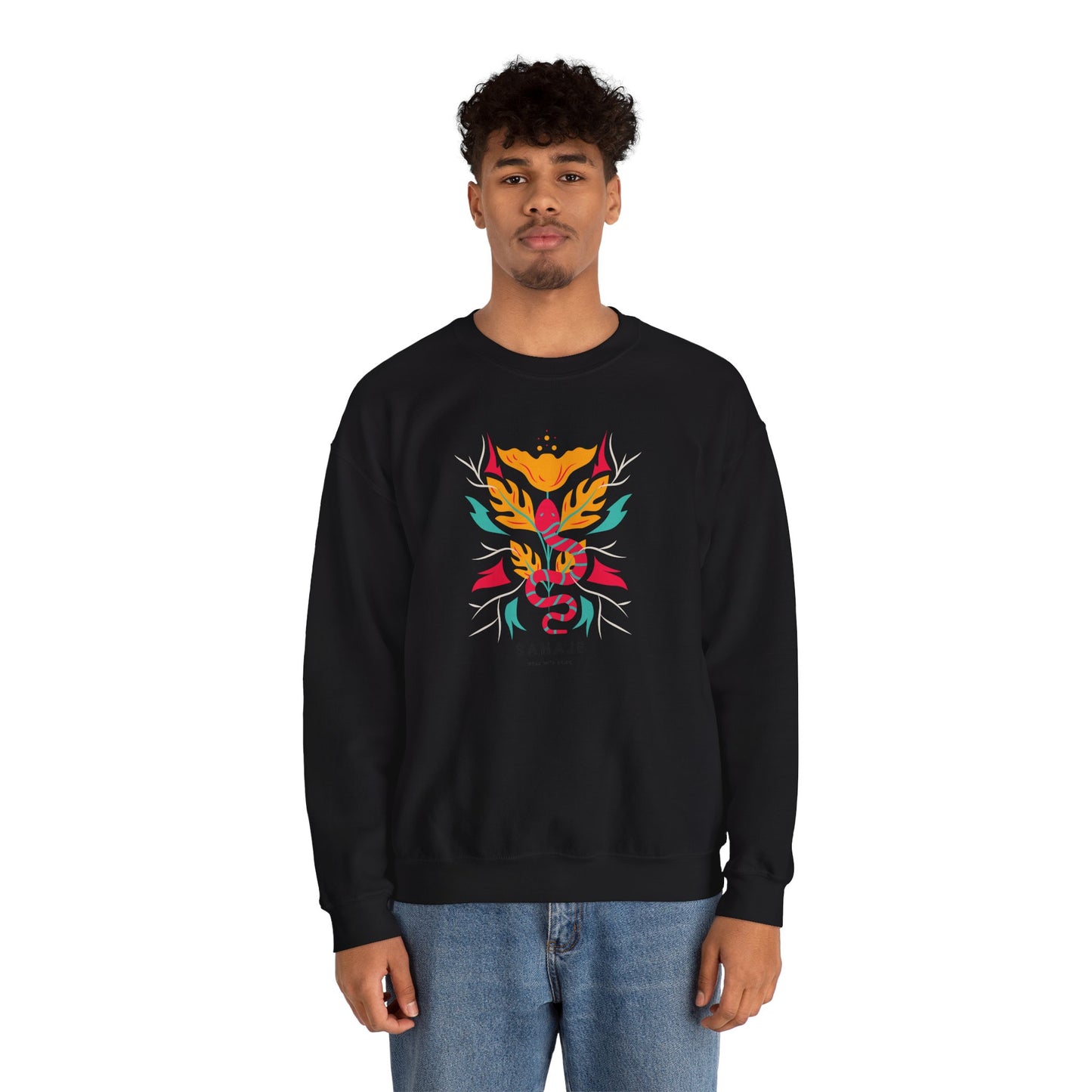 Sahajé Floral Snake Crewneck Sweatshirt — Colorful Botanical Serpent Graphic