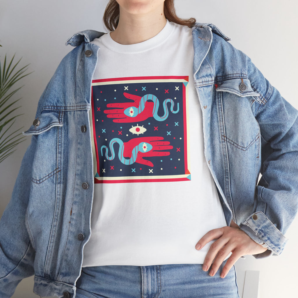 Retro Cosmic Hands T-Shirt — Mystic Hand & Snake Graphic Tee