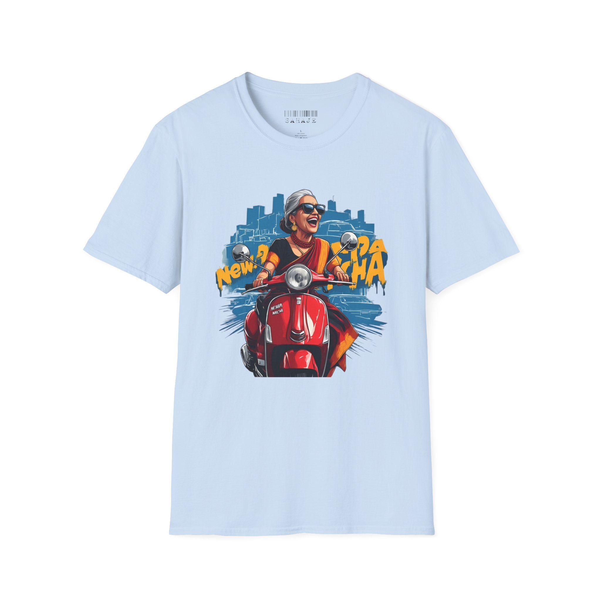 Newa Maicha Riding Scooter T-Shirt – Newari Woman in New York Graphic Tee, Cultural & Urban Design