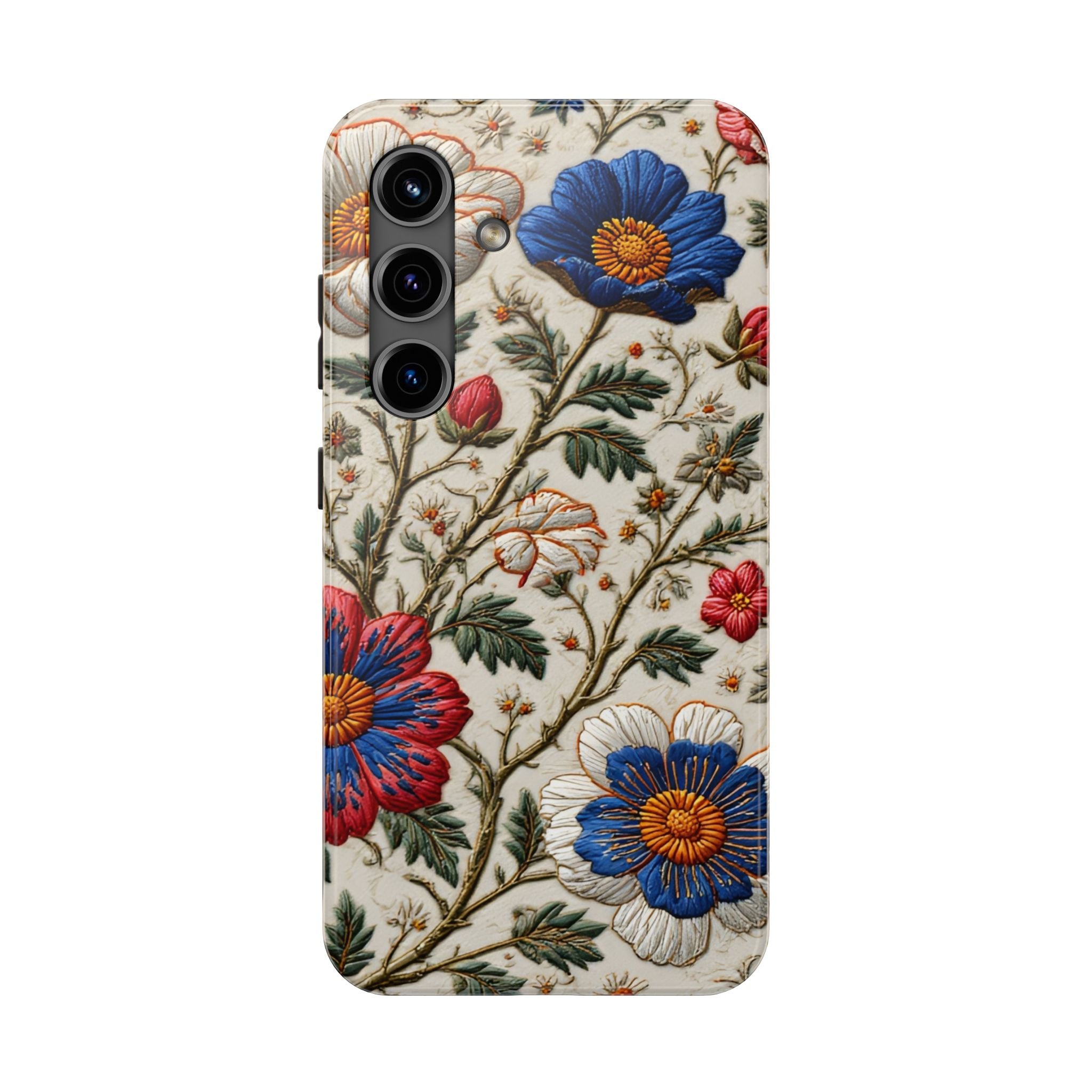 Floral Embroidery Tough Phone Case — Vintage Blue & Red Garden Design