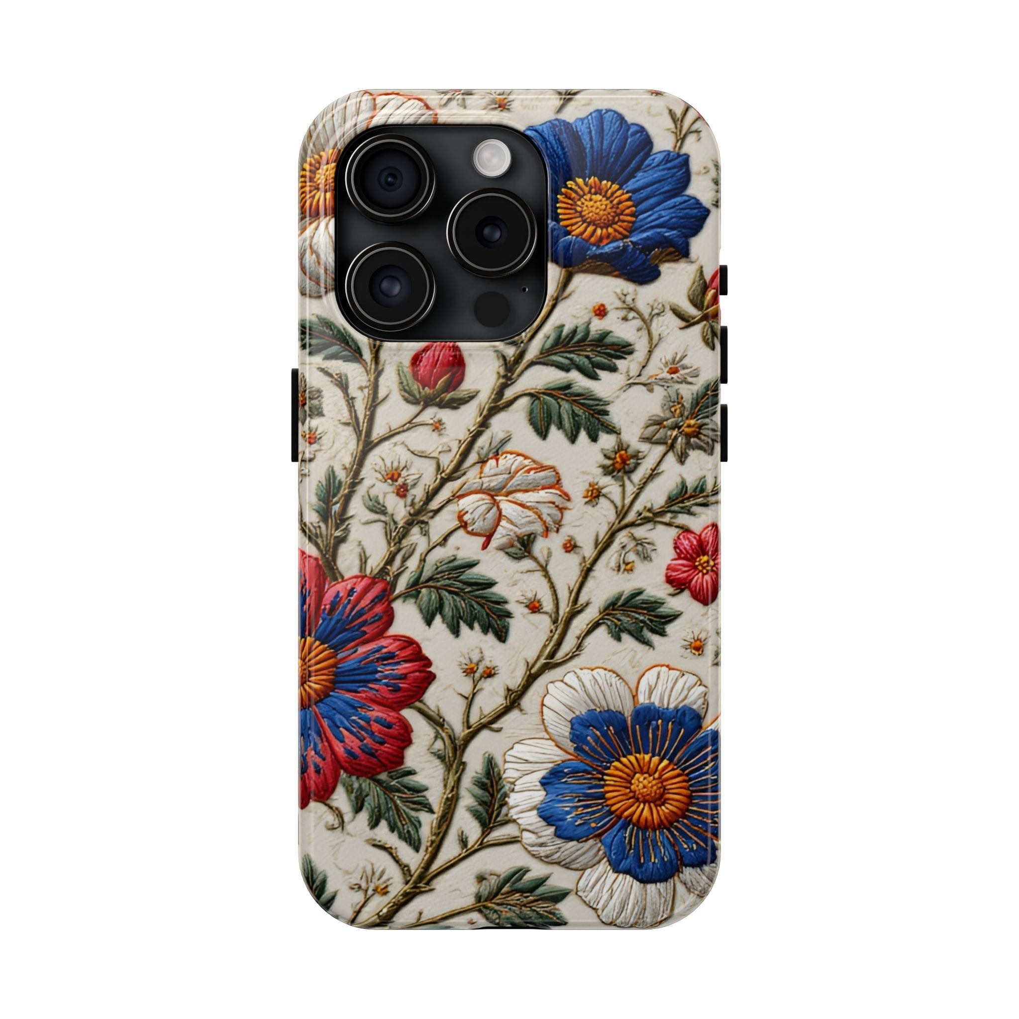 Floral Embroidery Tough Phone Case — Vintage Blue & Red Garden Design