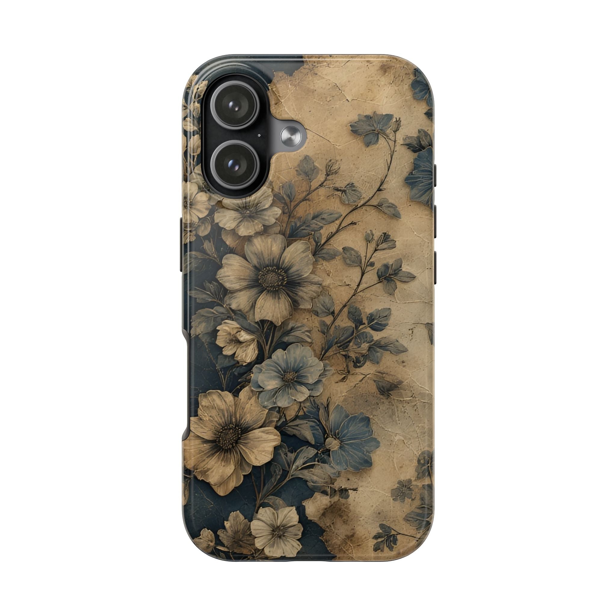 Vintage Floral Tough Phone Case — Antique Beige & Navy Protective Cover
