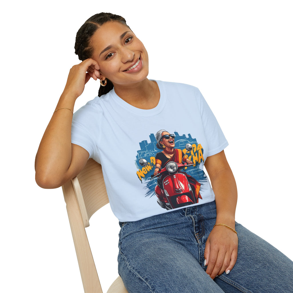 Newa Maicha Riding Scooter T-Shirt – Newari Woman in New York Graphic Tee, Cultural & Urban Design
