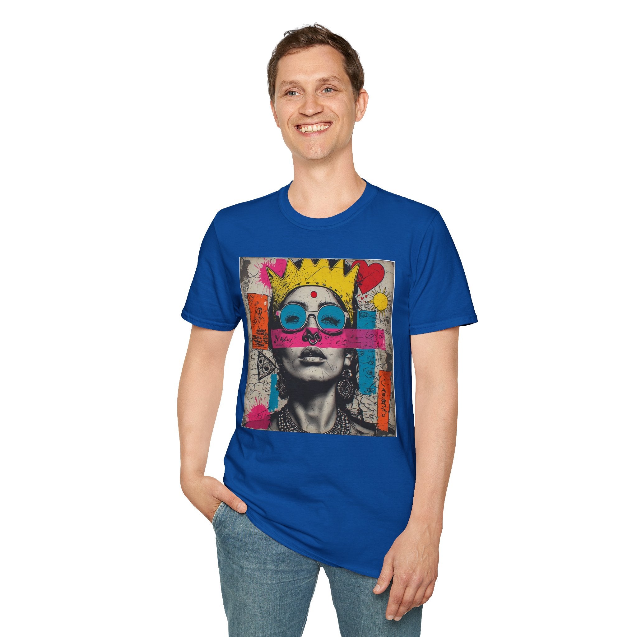 Abstract Pop Art Portrait T-Shirt — Neon Crown & Sunglasses Graphic