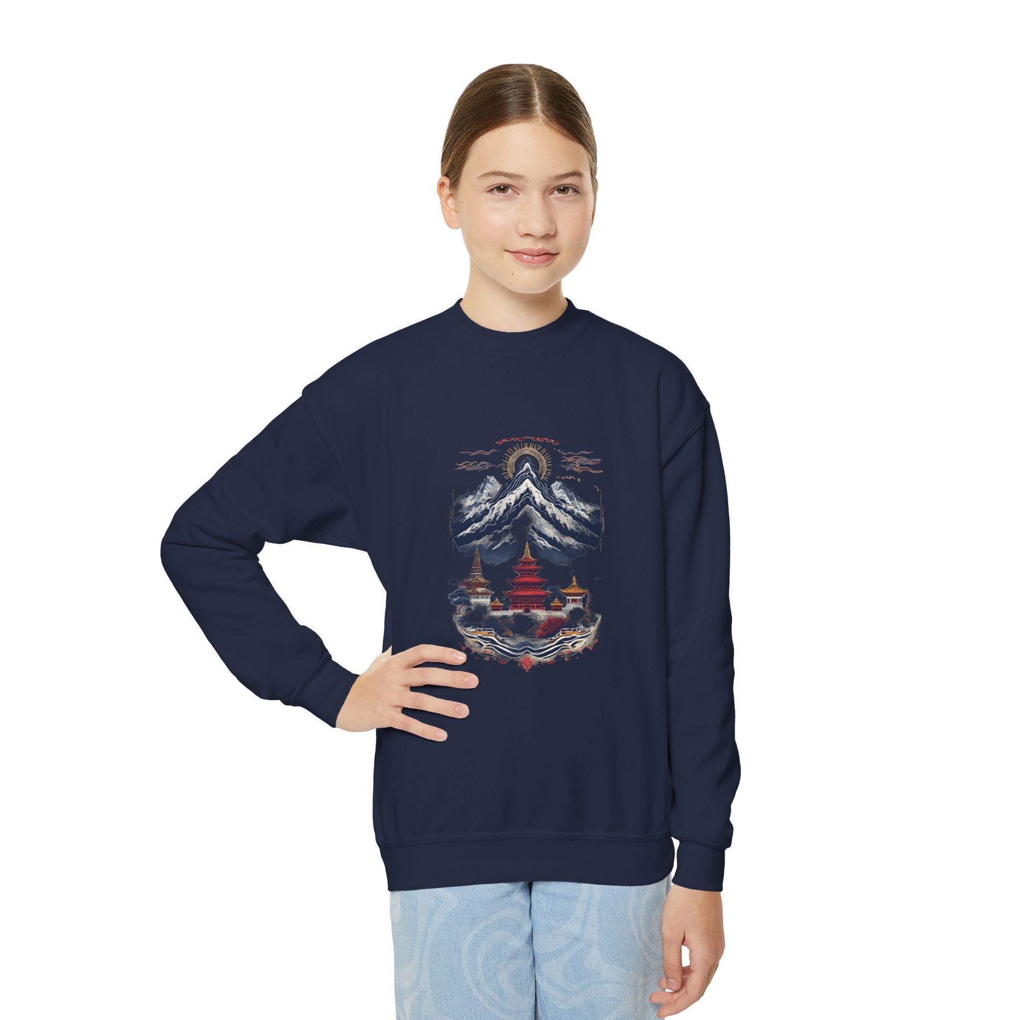 Youth Mountain Holiday Crewneck Sweatshirt — Cozy Winter Tree Graphic