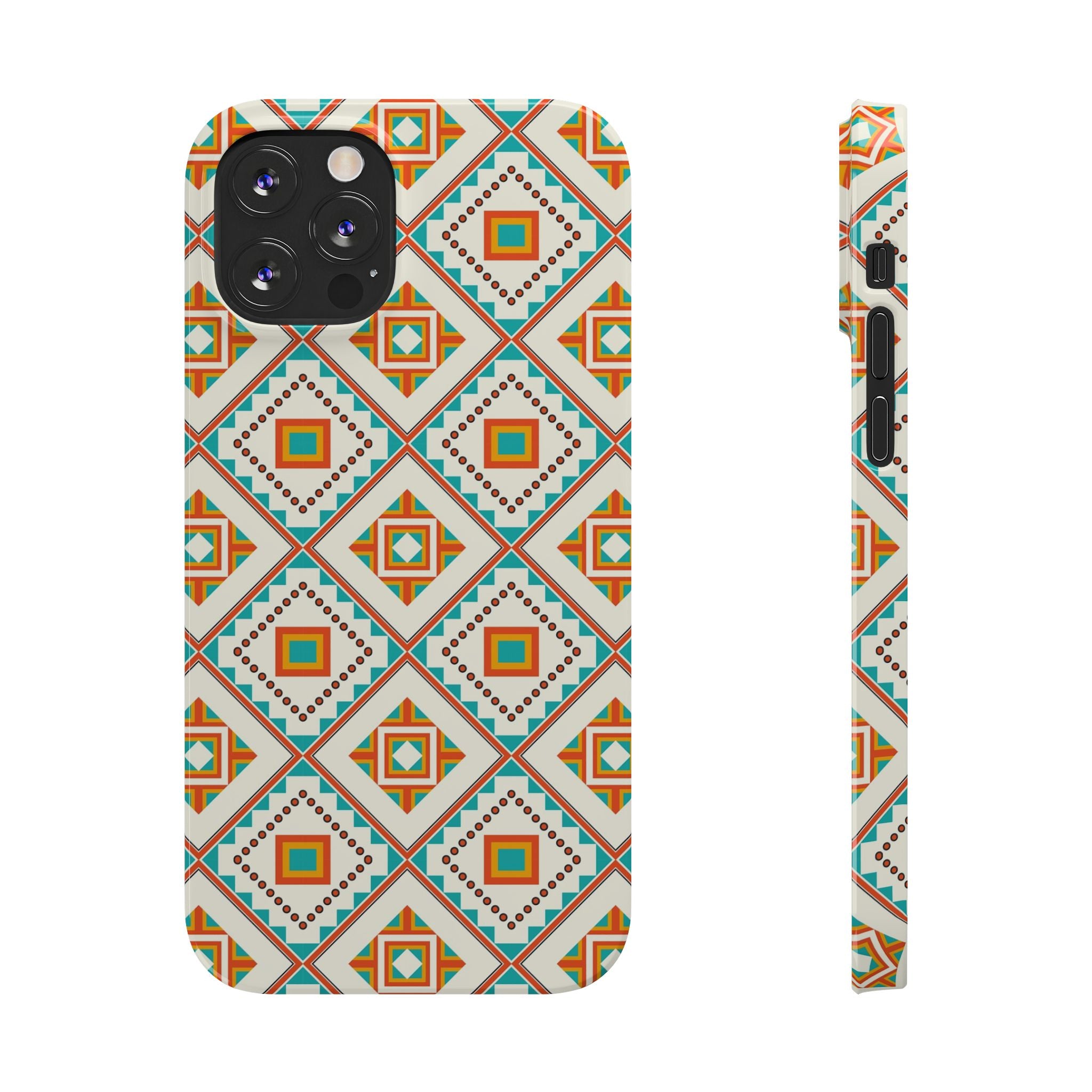 Slim Phone Case — Retro Geometric Tile Pattern (Turquoise & Orange)