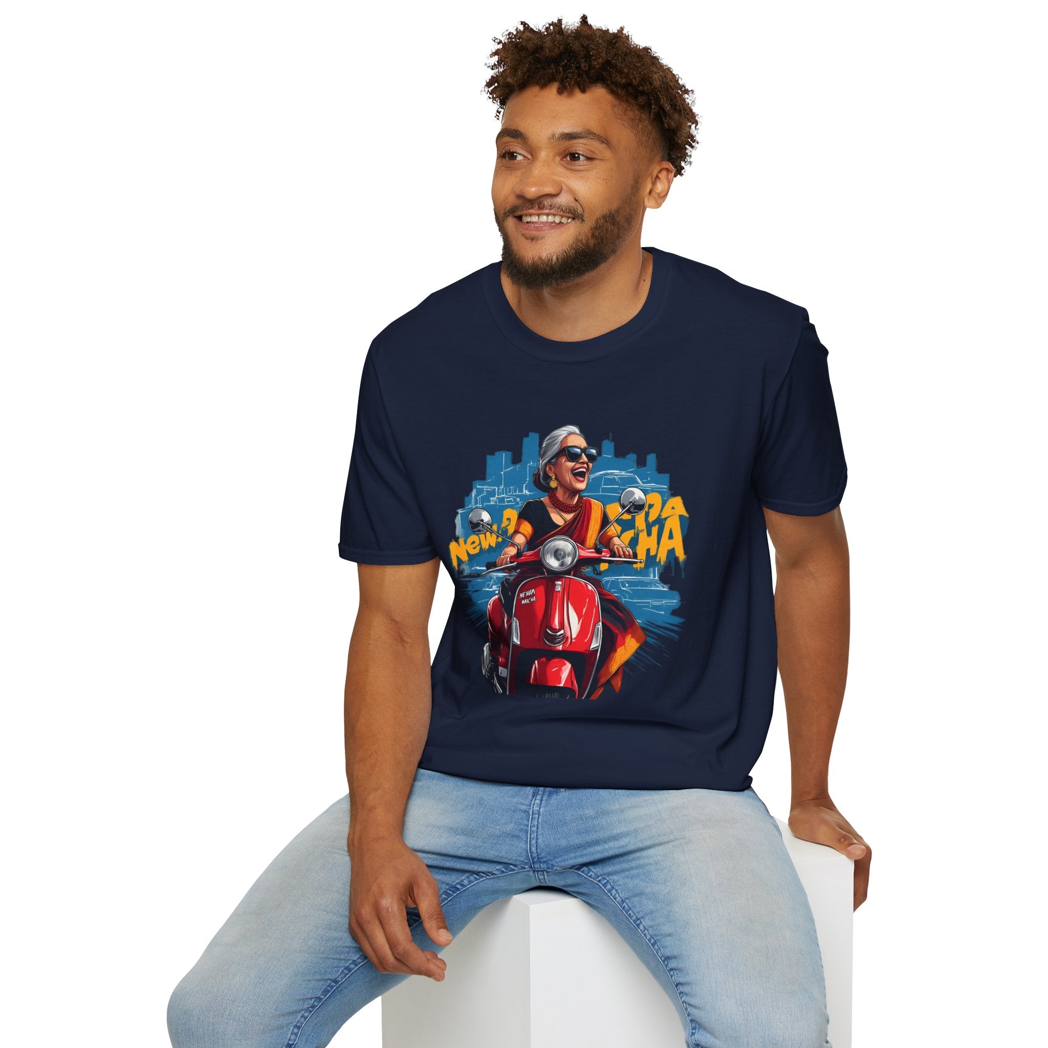 Newa Maicha Riding Scooter T-Shirt – Newari Woman in New York Graphic Tee, Cultural & Urban Design