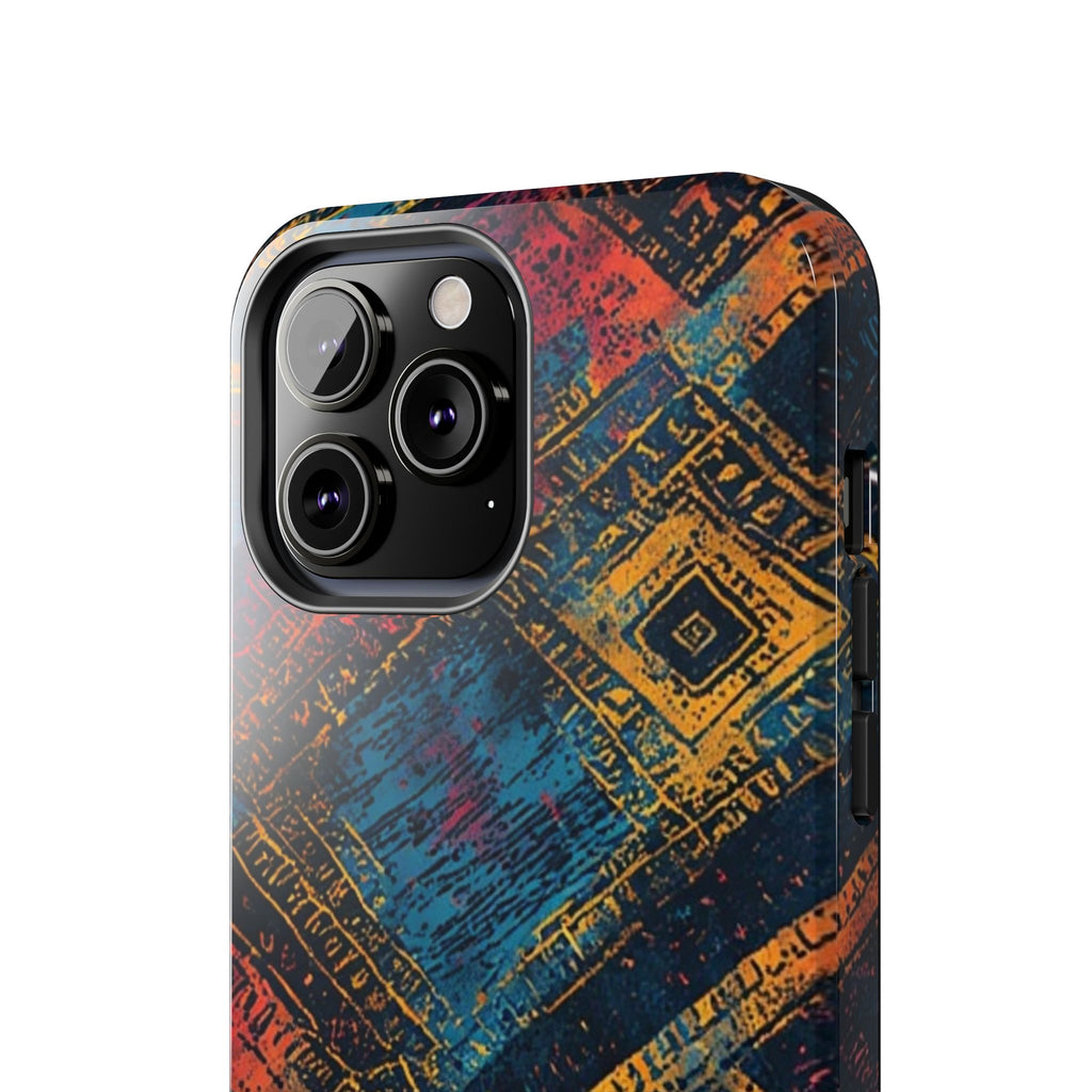 Tough Phone Case – Abstract Rustic Geometric Design (Blue, Orange, Magenta)