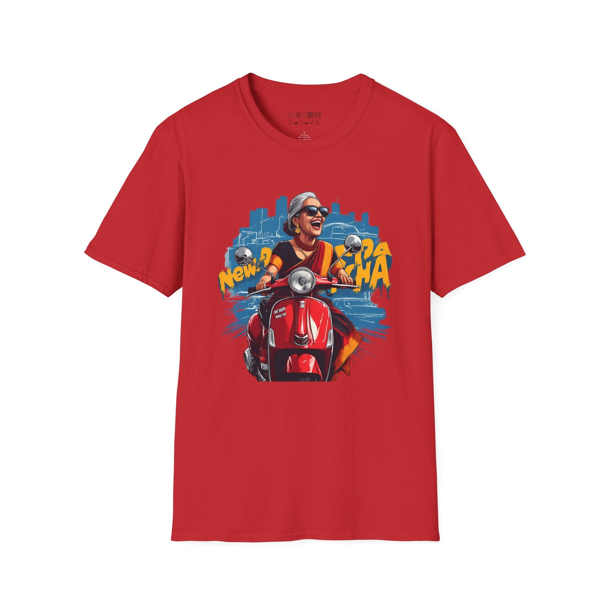 Newa Maicha Riding Scooter T-Shirt – Newari Woman in New York Graphic Tee, Cultural & Urban Design
