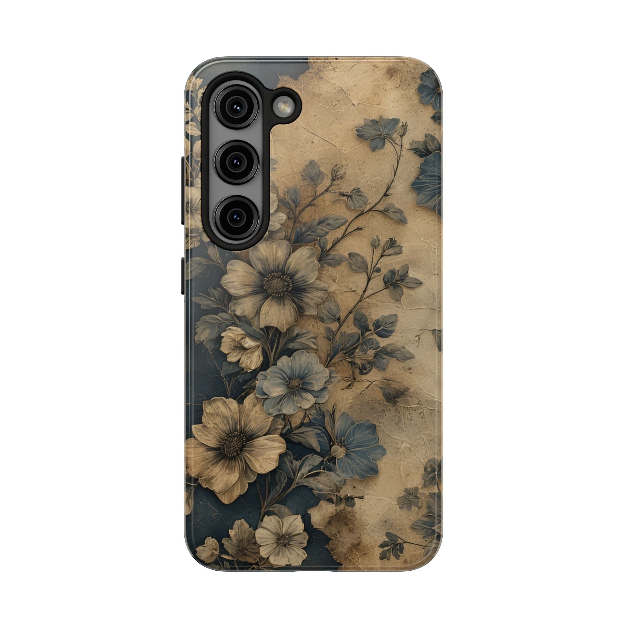 Vintage Floral Tough Phone Case — Antique Beige & Navy Protective Cover