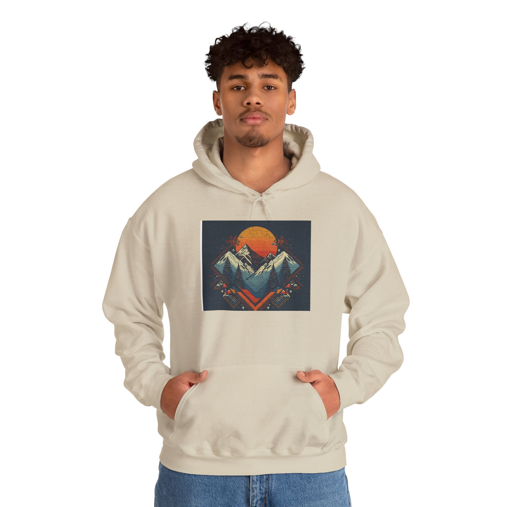 Mountain Sunset Hoodie – Retro Geometric Peaks & Rising Sun Sweatshirt