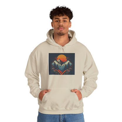 Mountain Sunset Hoodie – Retro Geometric Peaks & Rising Sun Sweatshirt