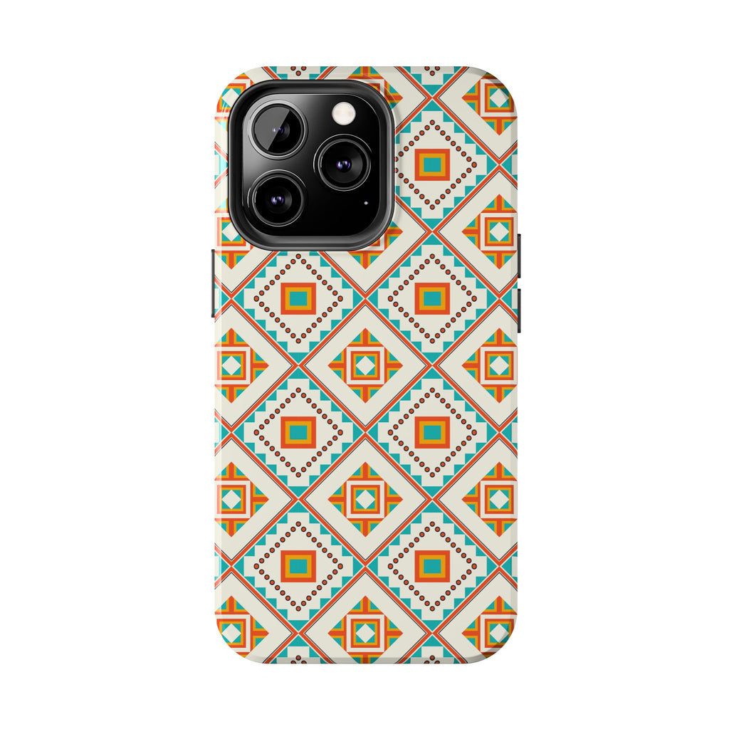 Tough Phone Case — Geometric Retro Tile Pattern, Orange & Teal Protective Cover