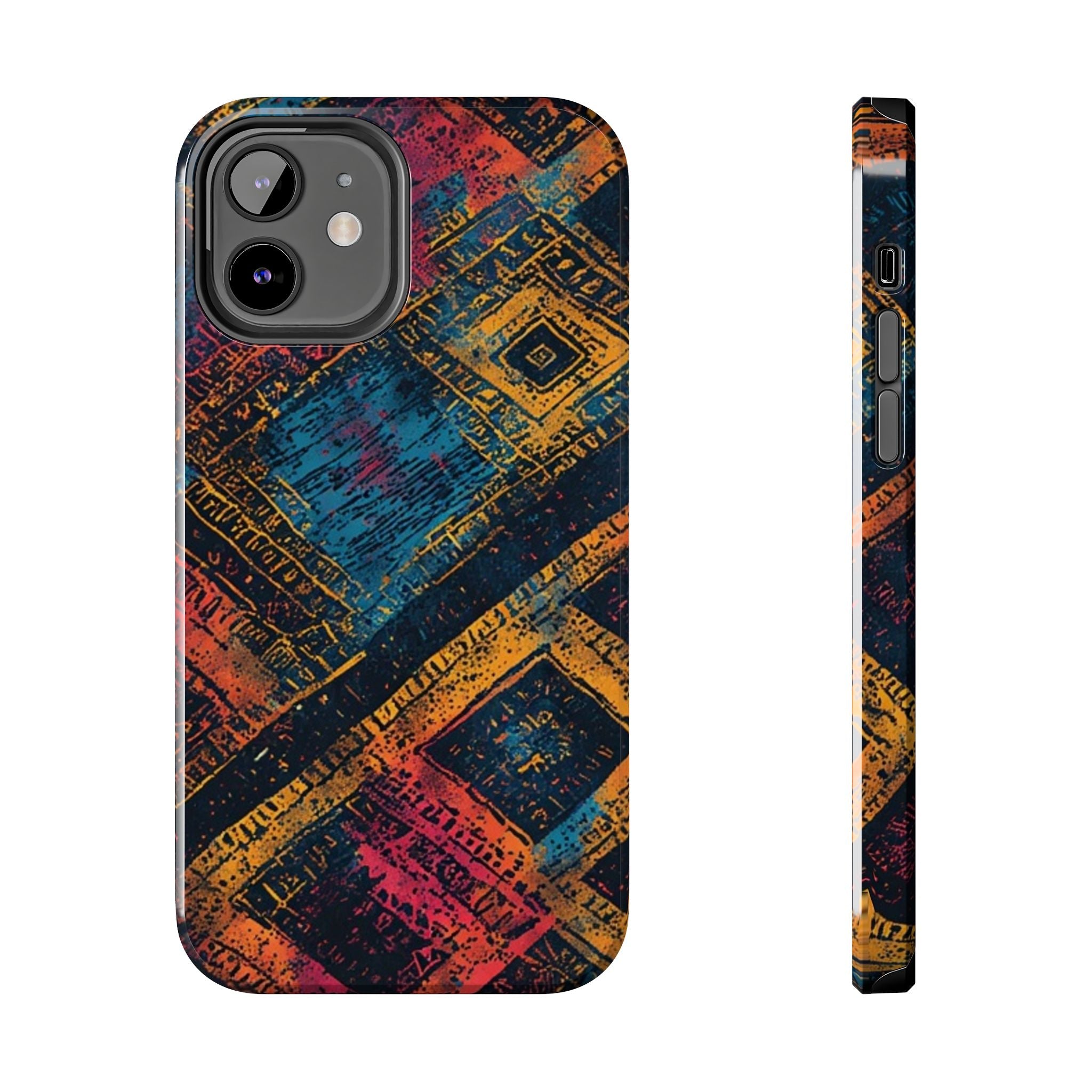 Tough Phone Case – Abstract Rustic Geometric Design (Blue, Orange, Magenta)