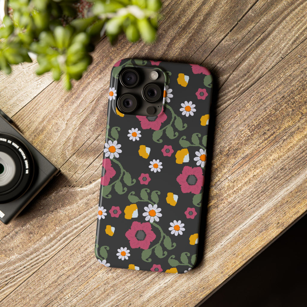 Floral Slim Phone Case, Black Flower Phone Cover, Stylish Phone Accessory, Gift for Her, Trendy Floral Case