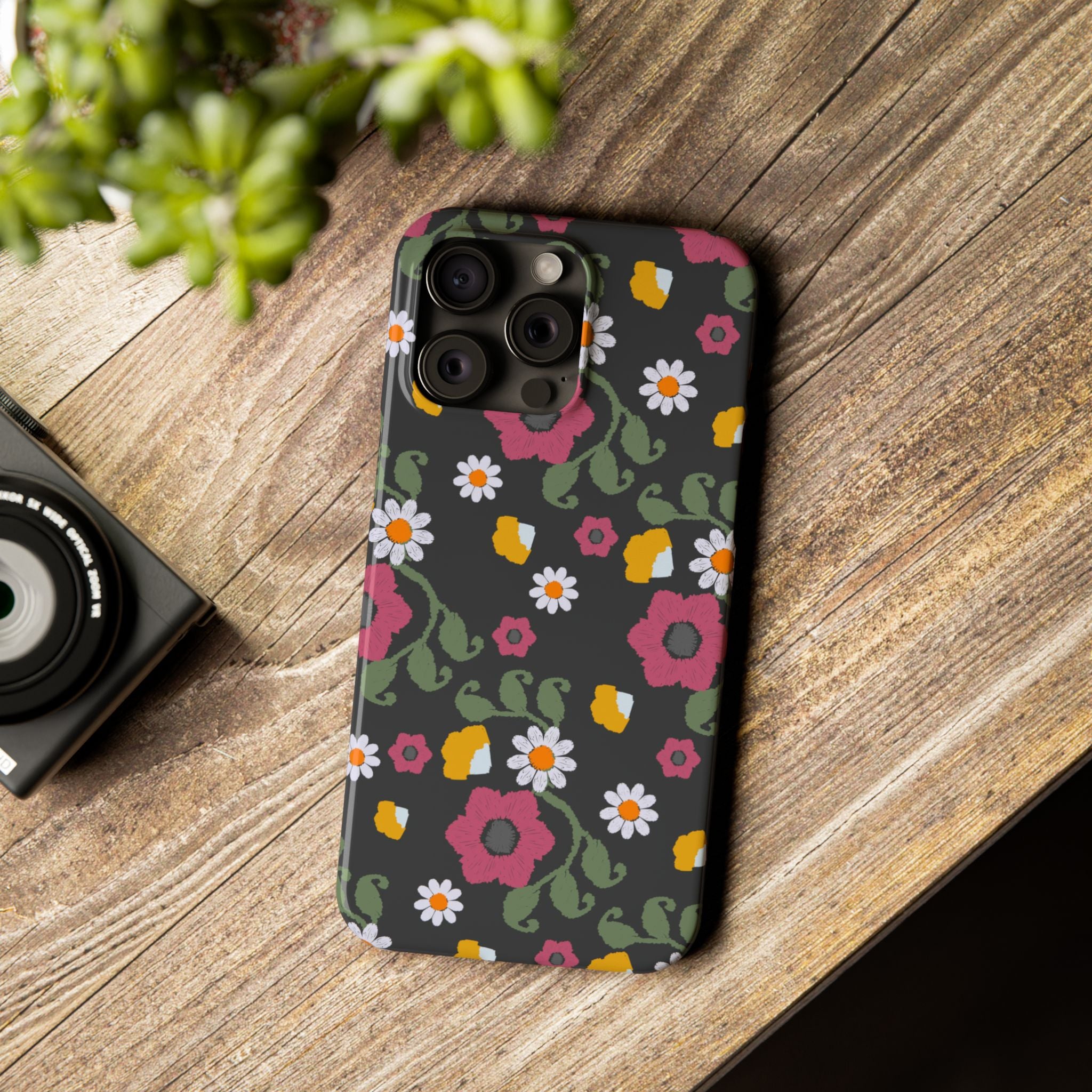 Floral Slim Phone Case, Black Flower Phone Cover, Stylish Phone Accessory, Gift for Her, Trendy Floral Case