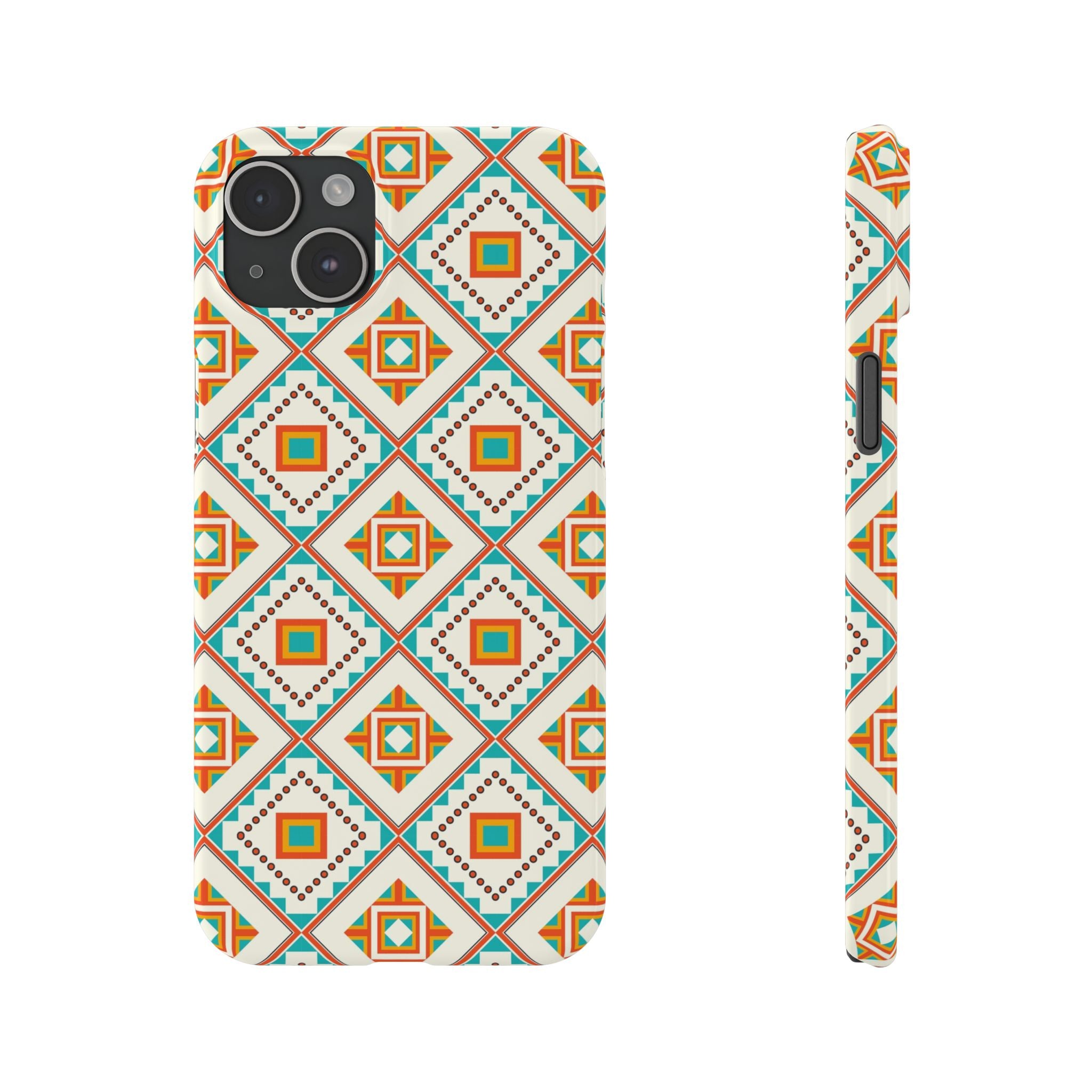 Slim Phone Case — Retro Geometric Tile Pattern (Turquoise & Orange)