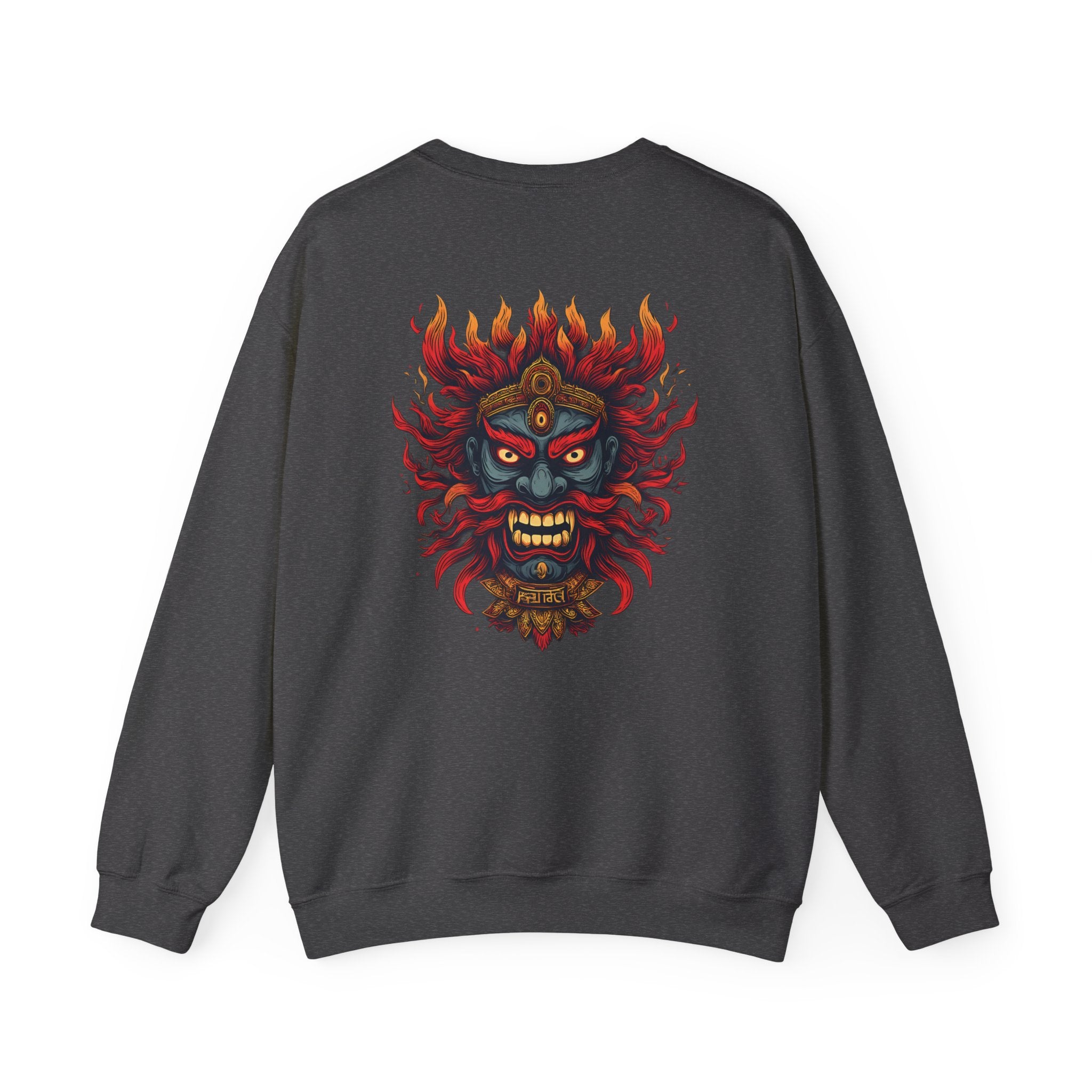 Crewneck Sweatshirt — Fiery Demon Mask Back Graphic