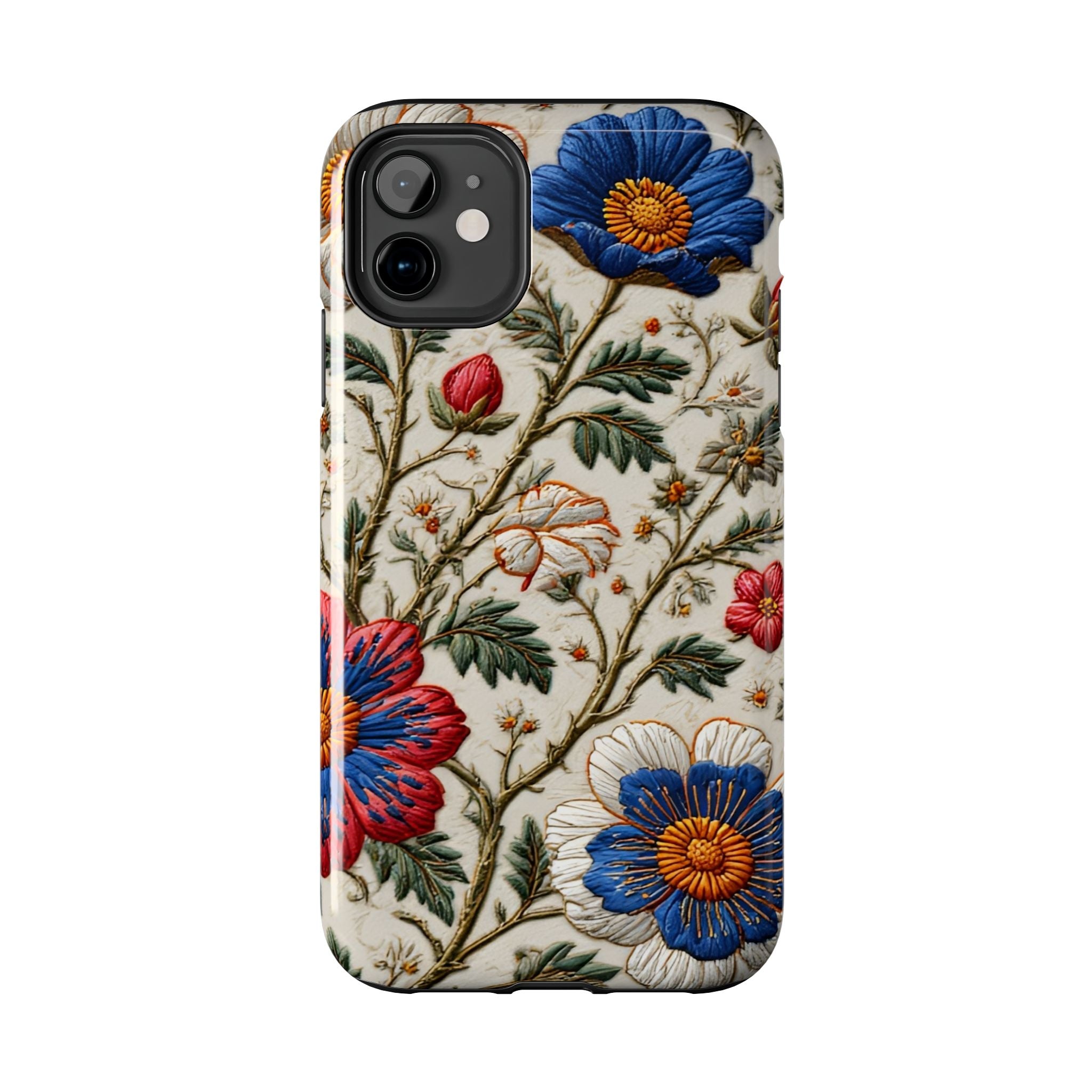 Floral Embroidery Tough Phone Case — Vintage Blue & Red Garden Design