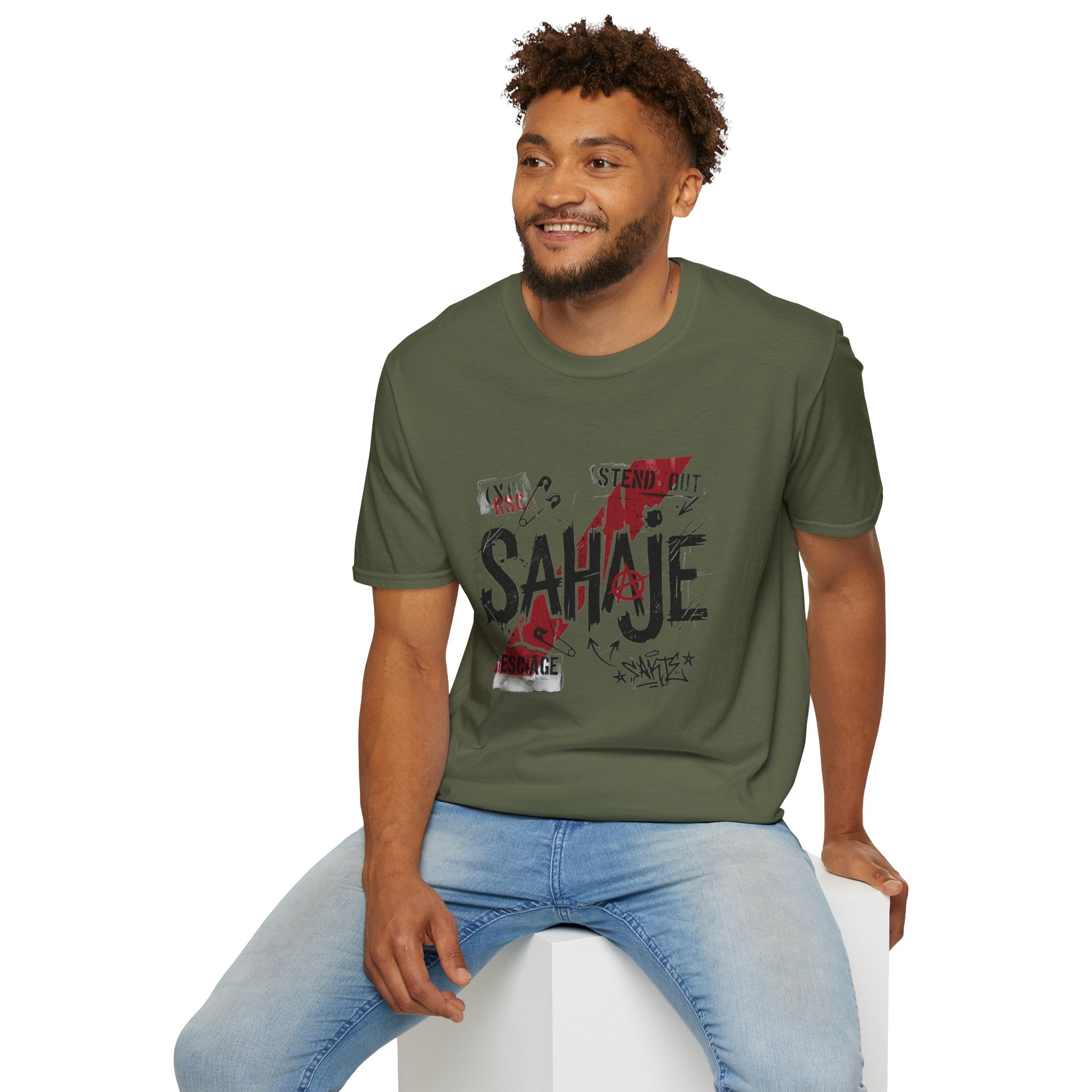 Sahajé Graphic T-Shirt — Bold Streetwear Tee with Red Slash Design