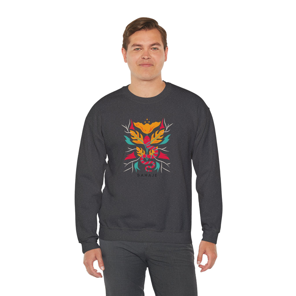 Sahajé Floral Snake Crewneck Sweatshirt — Colorful Botanical Serpent Graphic
