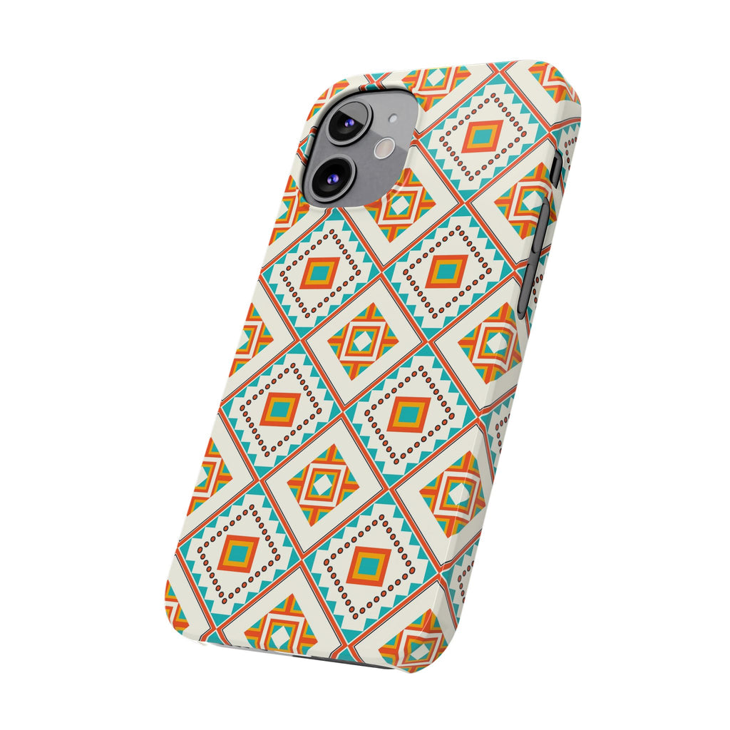 Slim Phone Case — Retro Geometric Tile Pattern (Turquoise & Orange)