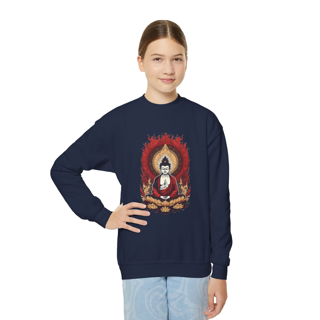 Buddha Flame Youth Crewneck Sweatshirt - Meditating Lotus Graphic