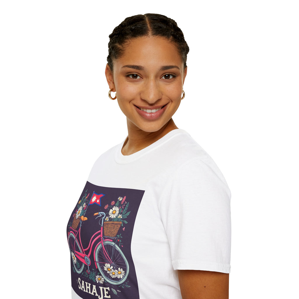 Bicycle Floral T-Shirt – Pink Bike with Baskets & "Sahaje" Text