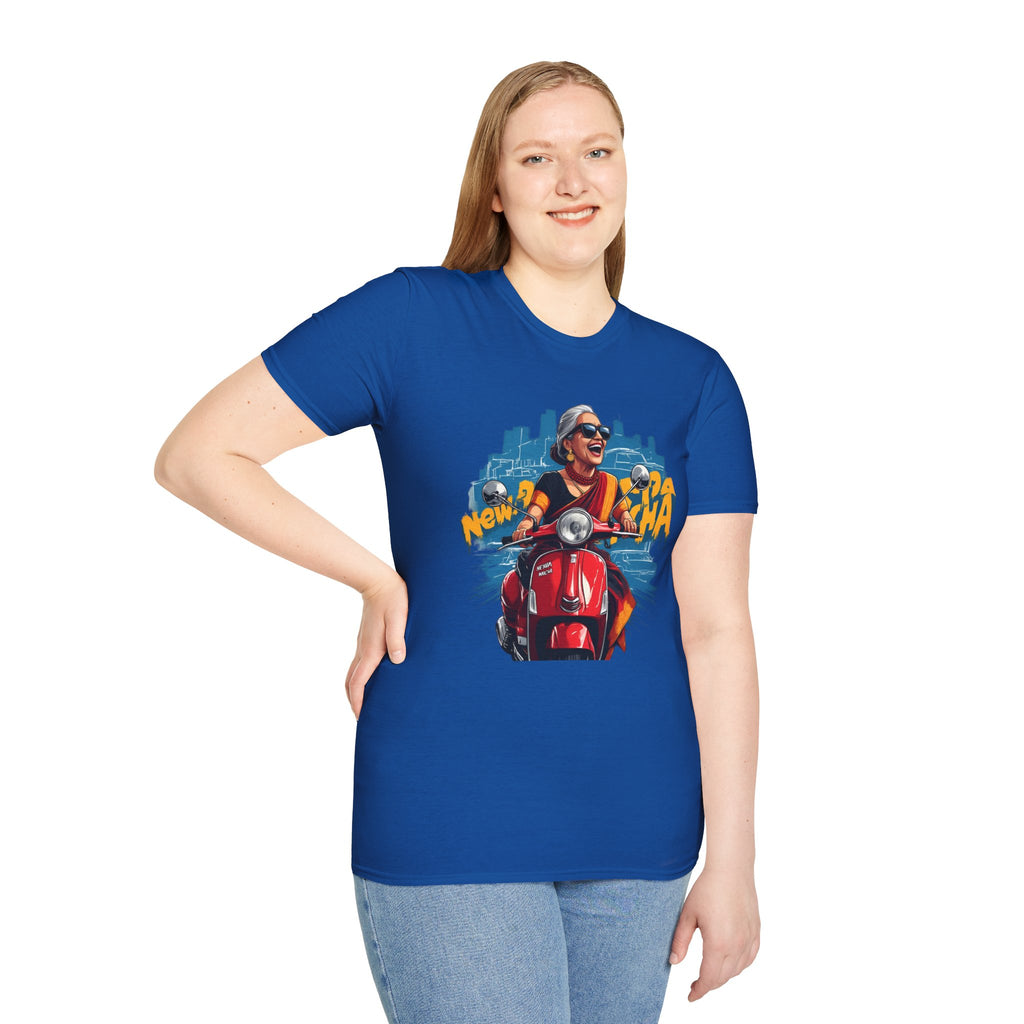 Newa Maicha Riding Scooter T-Shirt – Newari Woman in New York Graphic Tee, Cultural & Urban Design