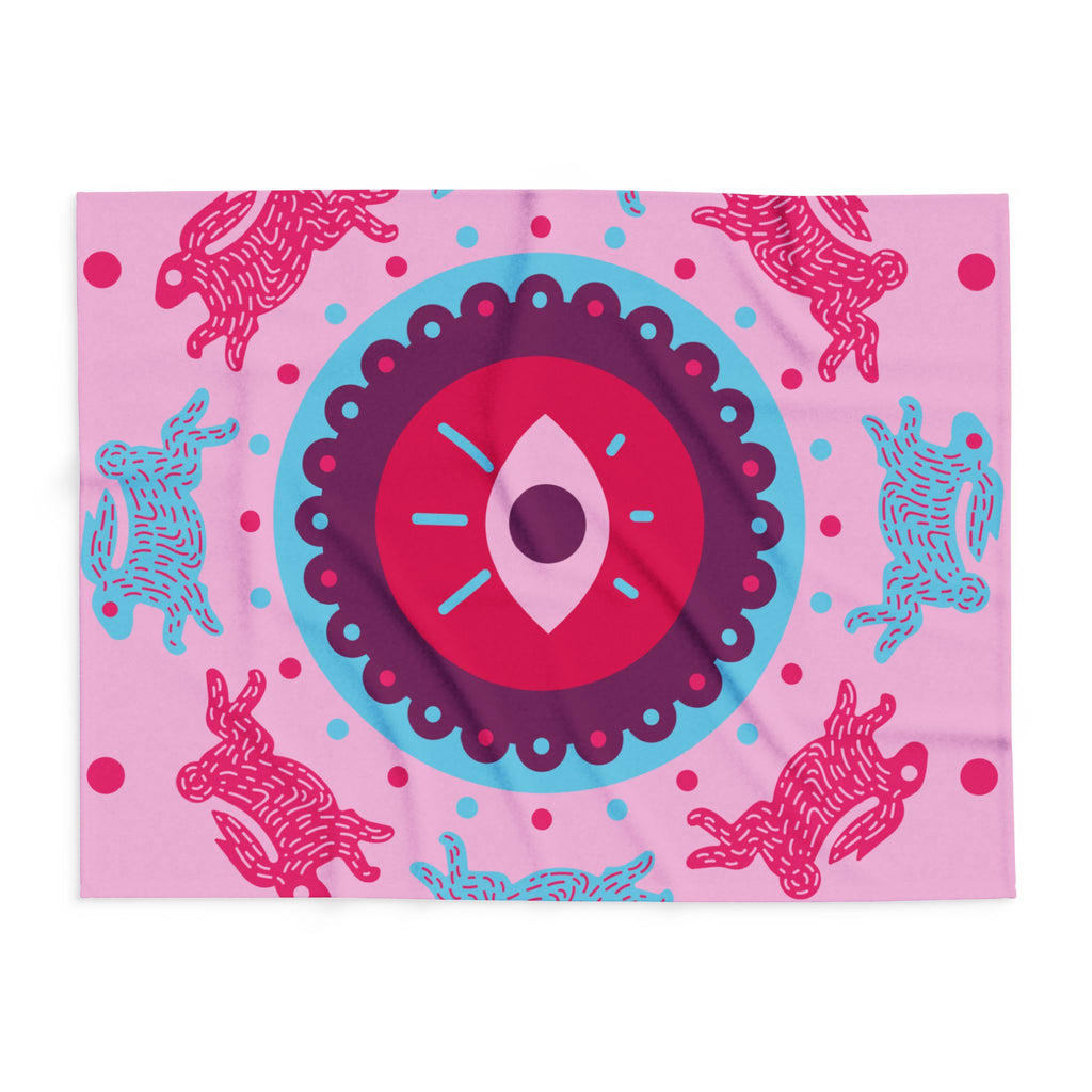 Pink Arctic Fleece Blanket — Mystical Eye & Polar Bear Pattern Cozy Throw