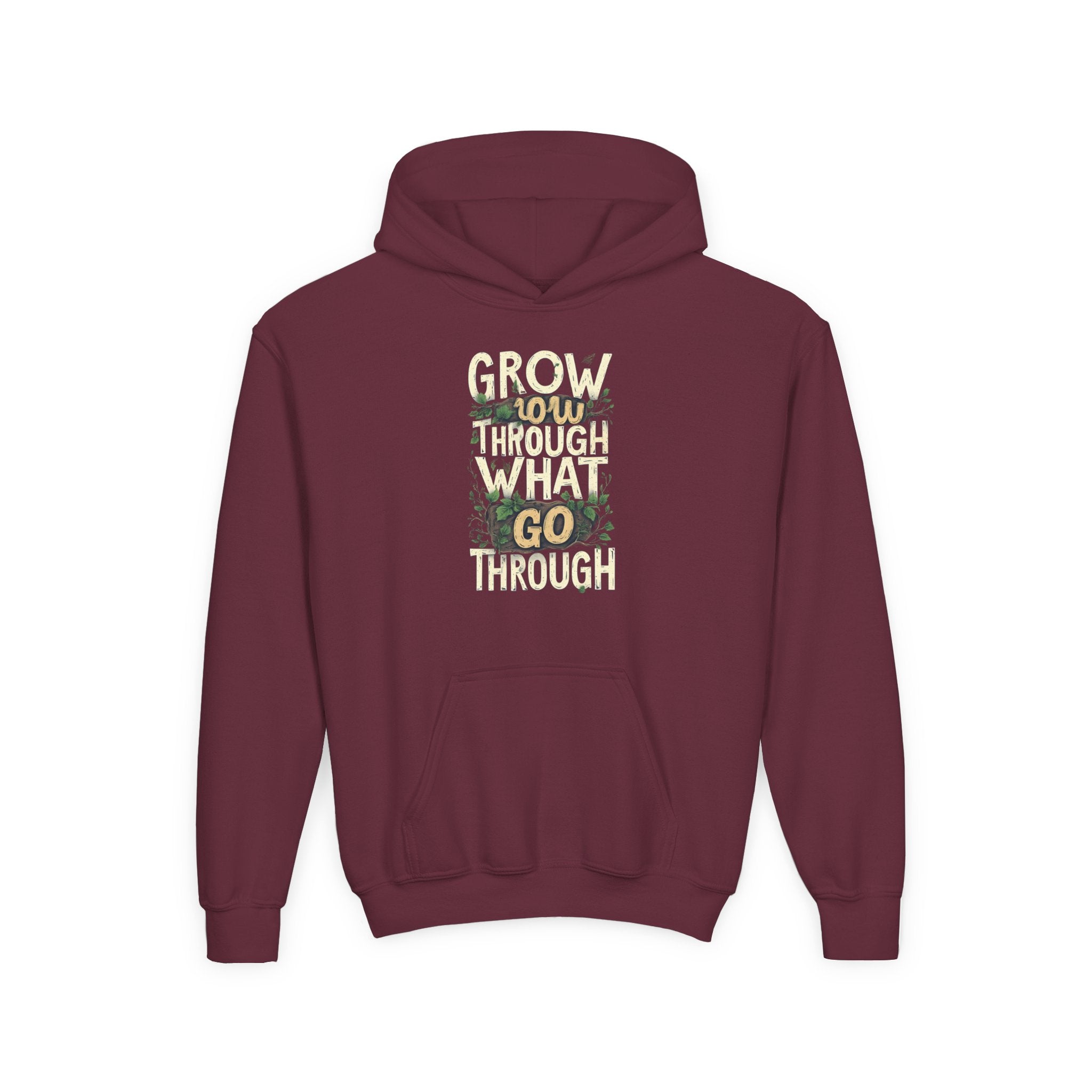 Youth Hoodie — 'Grow Slow, Go Through' Floral Motivational Hooded Sweatshirt