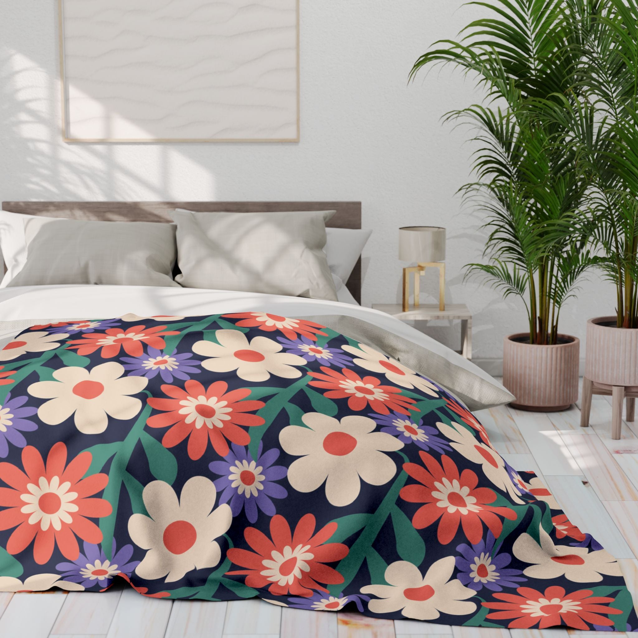 Floral Fleece Blanket — Retro Daisy Cozy Throw
