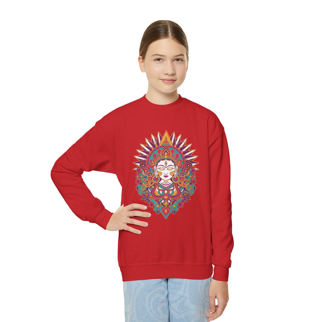 Youth Crewneck Sweatshirt — Colorful Boho Sun Goddess Graphic