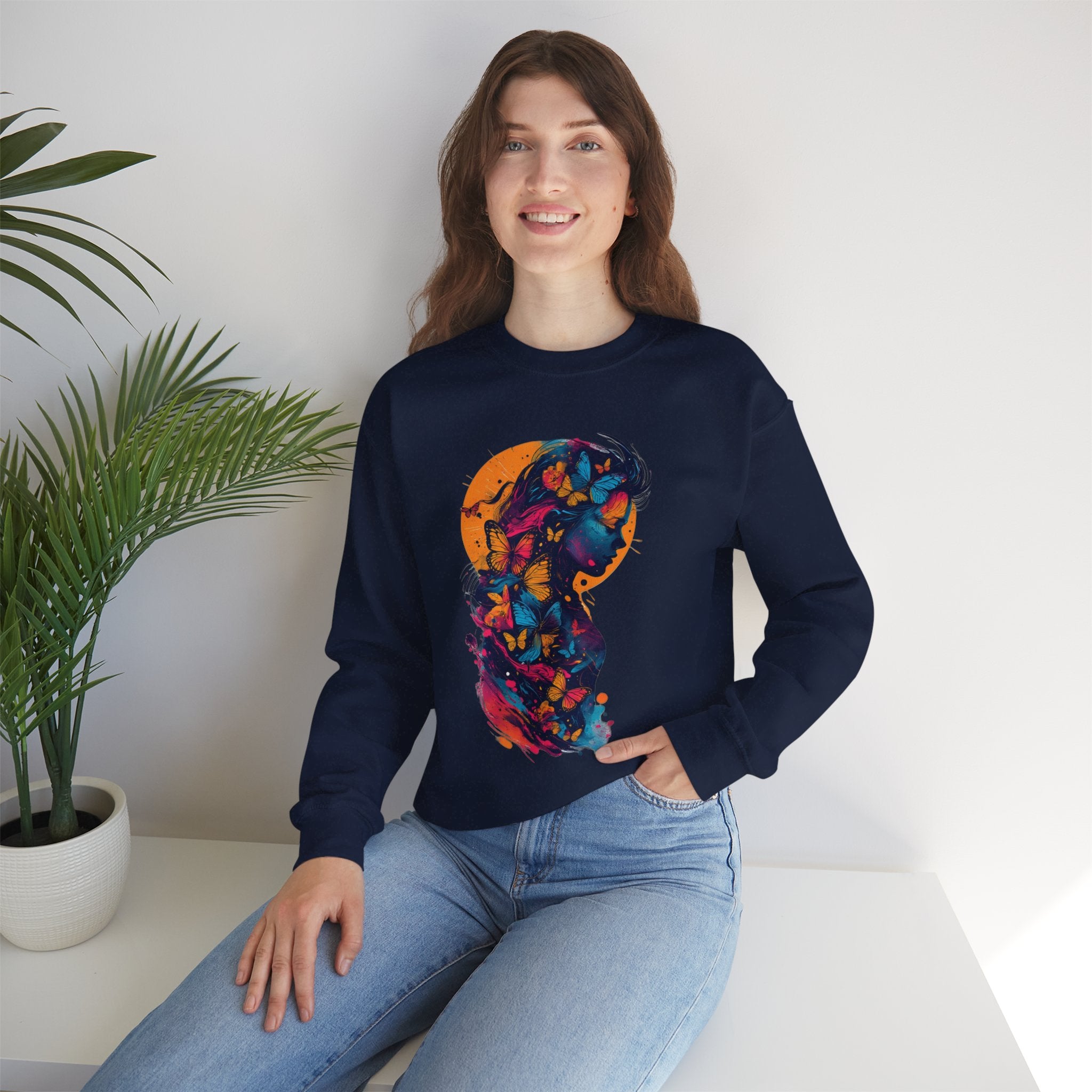 Butterfly Silhouette Crewneck Sweatshirt — Colorful Butterfly Profile Graphic