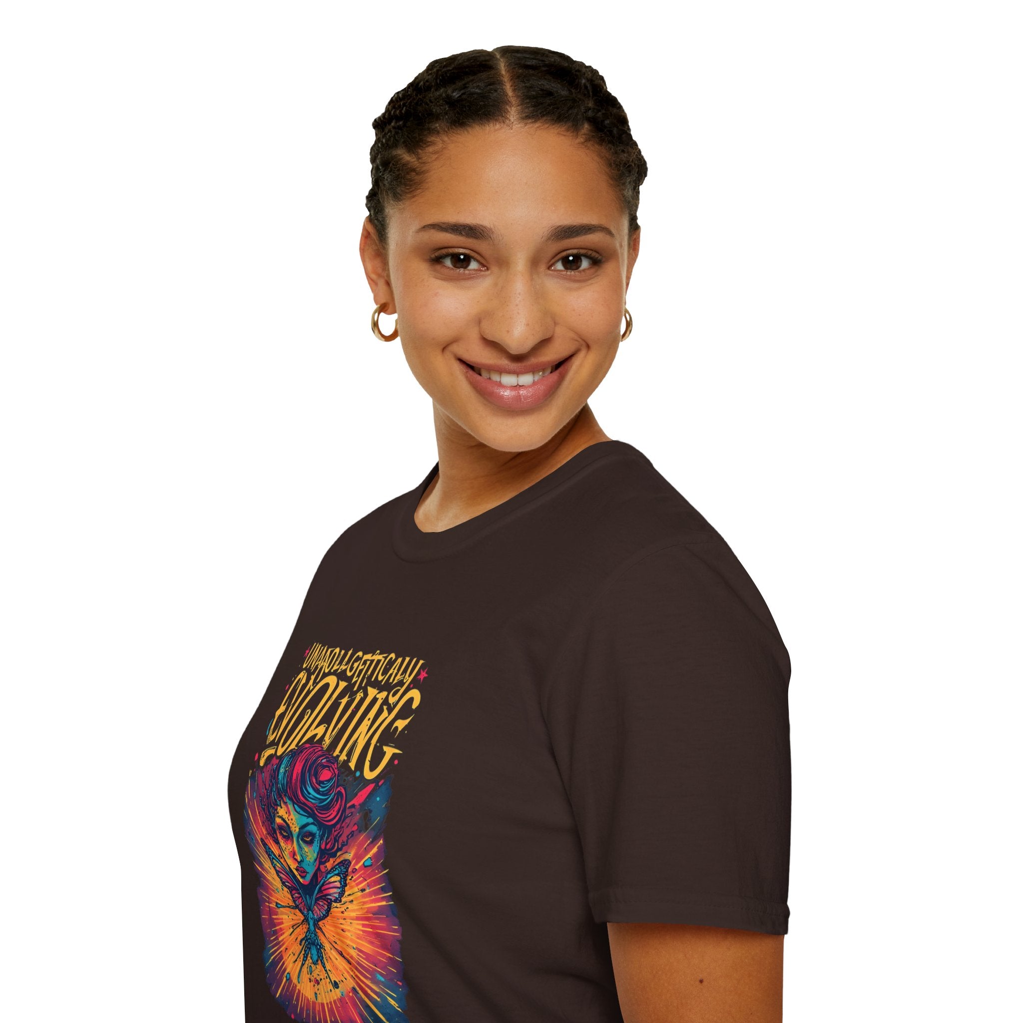 Unapologetically Evolving T-Shirt — Vibrant Butterfly Woman Graphic Tee